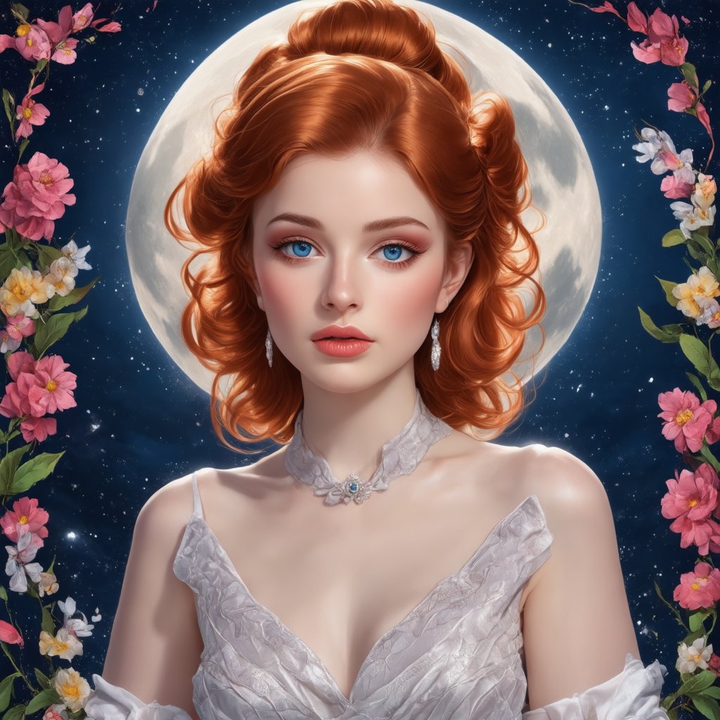 A stunning redhead with porcelain-perfect skin and chic bun hair beams warmly in a medium shot, surrounded by an exquisite floral pattern in two harmonious colors against a serene moonlit backdrop. Her face is illuminated by soft, flattering lighting that accentuates her features. The composition guides the viewer's eye through the arrangement of flowers and subtle facial expressions, reminiscent of Behance's finest works.