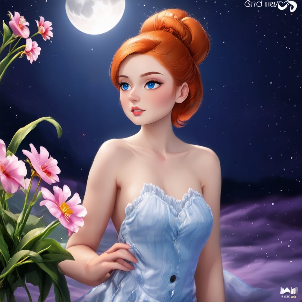 Vibrant redhead with porcelain skin and sleek bun hair radiates warmth in a medium shot, set against a serene moonlit backdrop featuring stunning digital visualizations in two harmonious colors. Soft, flattering lighting highlights her features, surrounded by a lush arrangement of flowers. Her subtle facial expressions and gentle pose invite the viewer's eye to wander through this visually striking composition.