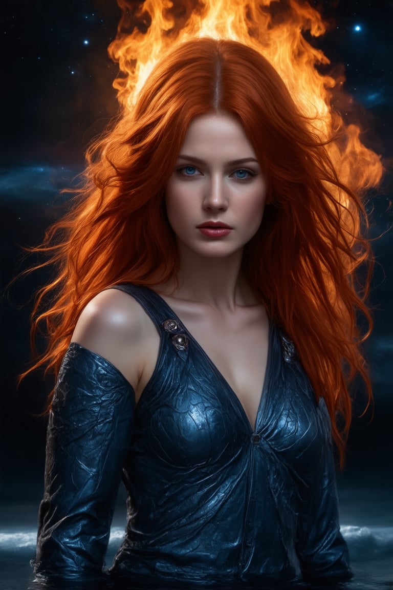 A fiery redhead, her blazing locks streaming behind like a chromatic aurora, commands the cockpit of a luminous lightship, its neon-etched hull ablaze against the velvety blackness of space. The dynamic composition, bathed in soft ambient lighting, radiates heroic energy as the pilot's focused features and the ship's intricate, angular design burst forth in a thrilling tableau.