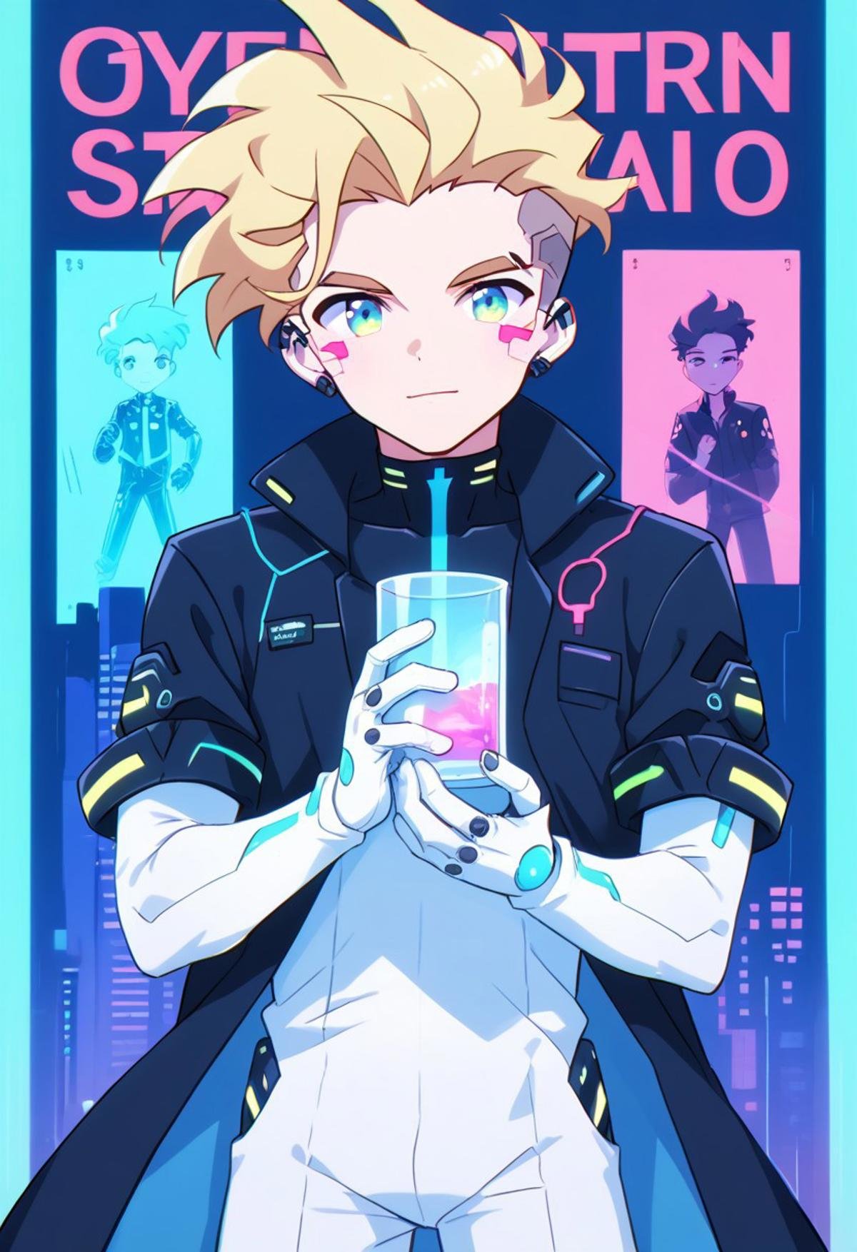 score_9, score_8_up, score_7_up, source_anime,anime keyvisual, cyberpunk poster, poster of a male young mad scientist holding in one hand a cyber heart, bright colors, bold shadows, rtx on, green and cyan and red lights, scientist in center of the poster, blonde cute female anime android with white latex clothes at the background