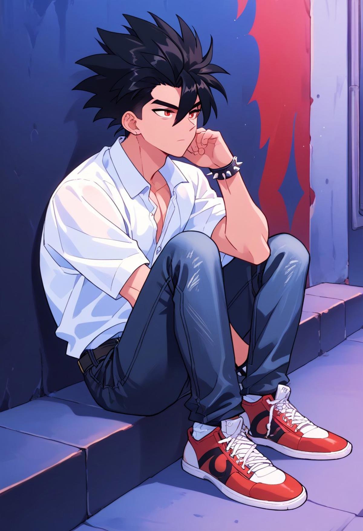 score_9, score_8_up, score_7_up, source_anime,anime keyvisual, male, teengaer male, black hair spiked hair character, up hair, black hair, strong body, white shirt with a cool symbol on it, dark blue jeans, red and white shoes, at midnight, firelfies around, looking up