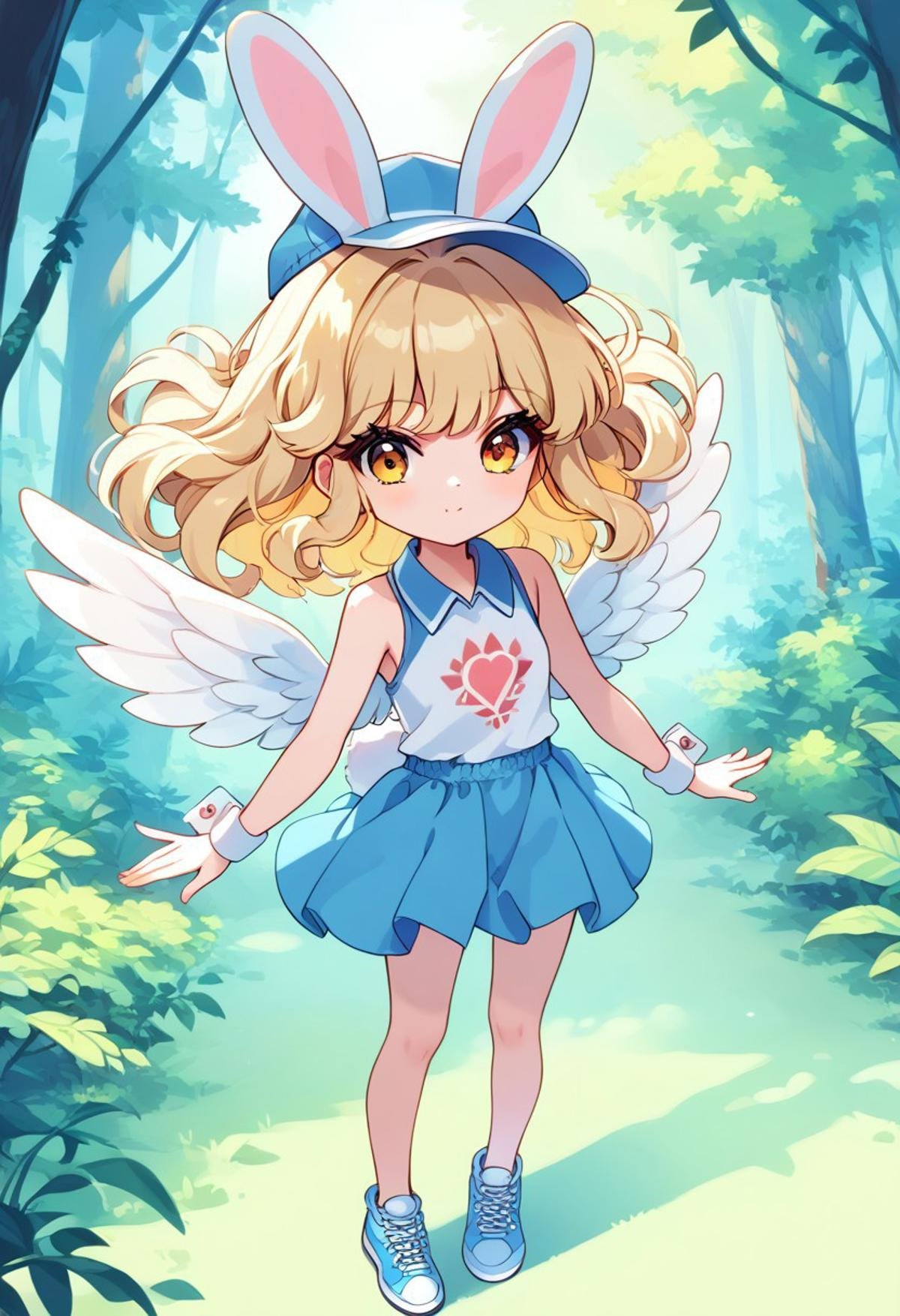 score_9, score_8_up, score_7_up, source_anime,anime keyvisual, flat colors, blonde bunny girl, wide bunny ears, medium hair, little hair, wearing white tennis boots with wings, Crownless cap, tribal outfitl, orange eyes, forest background, dymanic view, view from above, retrocute