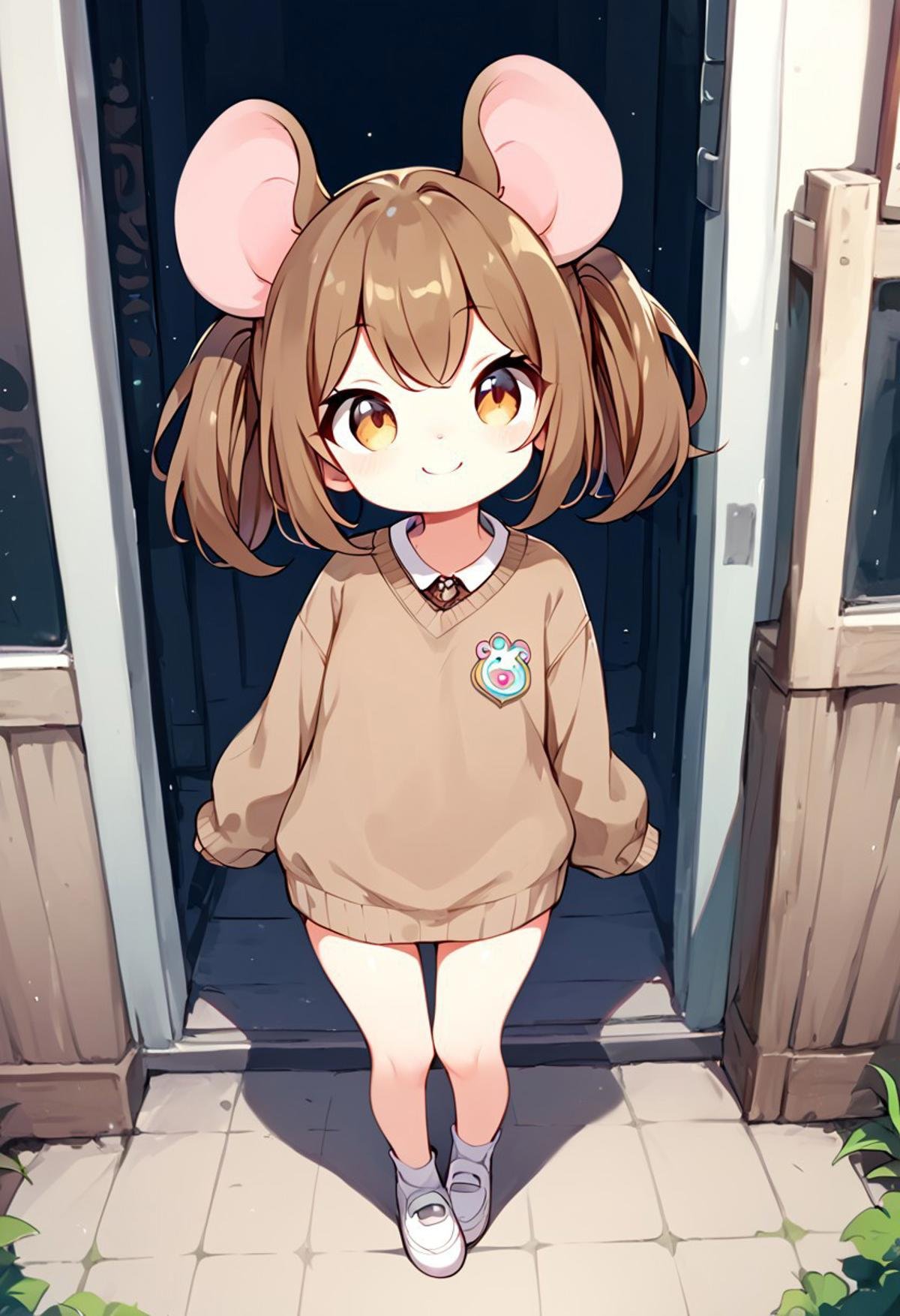 score_9,score_8_up,score_7_up,score_6_u,2D Cartoon style, small body, small size, animal mouse girl, gray mouse girl, cartoon drawing, wearing a brown sweater and uniform, brown hair, cute smile, nerd looking, full body, cute looking