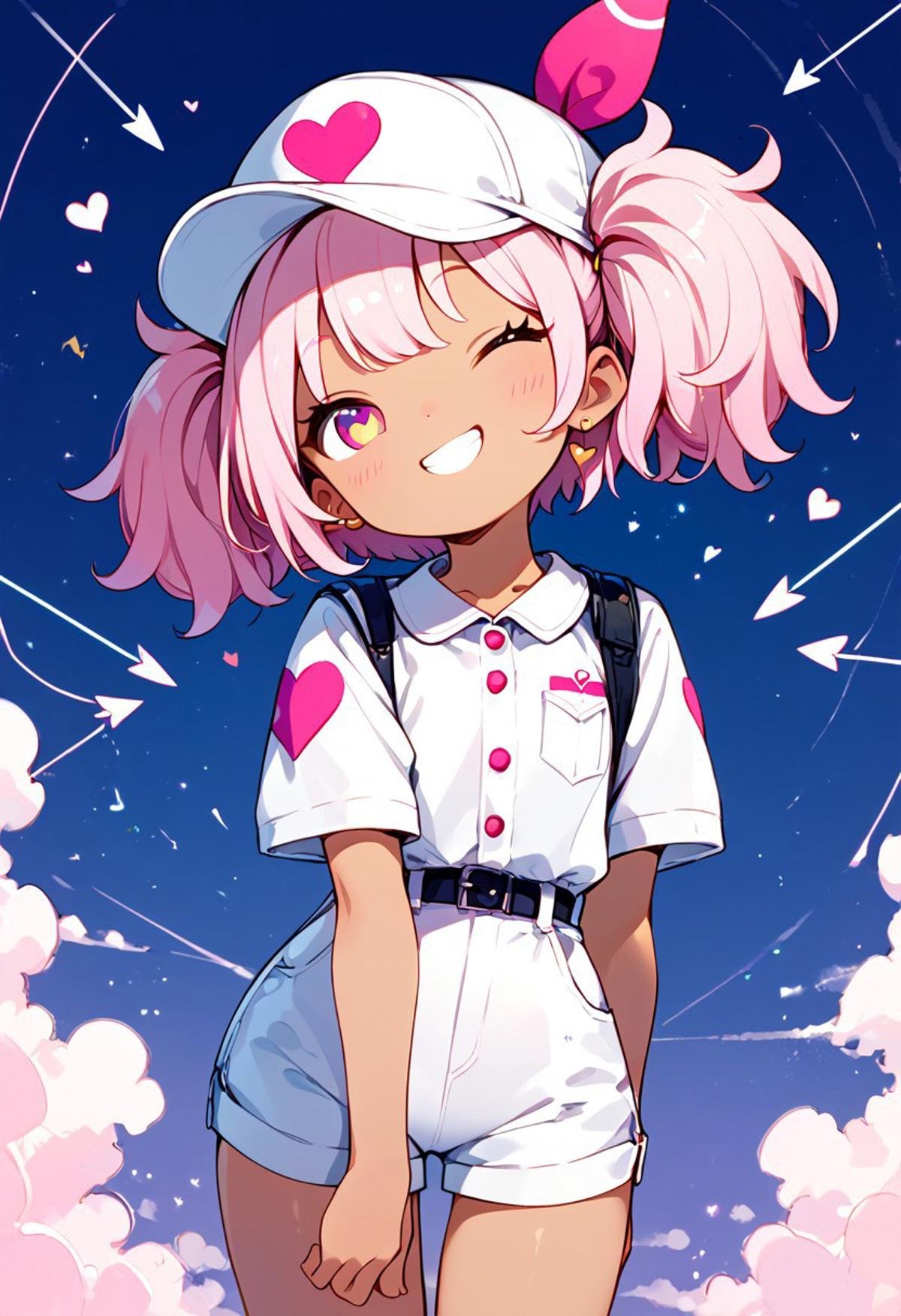 score_9,score_8_up,score_7_up,score_6_u,dark skin cupid girl, wearing a white cap, short pink hair, wearing a uniform with white shorts, shooting an arrow in the form of a heart, dumb happy face, hearts as particles