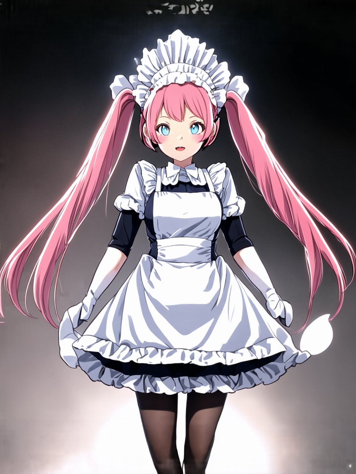 best quality, 8k, 8k UHD, ultra-high resolution, ultra-high definition, highres, 
1girl, solo, Rose_Isekaimaou, long hair, pink hair, twintails, blue eyes, maid, maid headdress, detached sleeves, dress, frills, apron, black pantyhose, white gloves