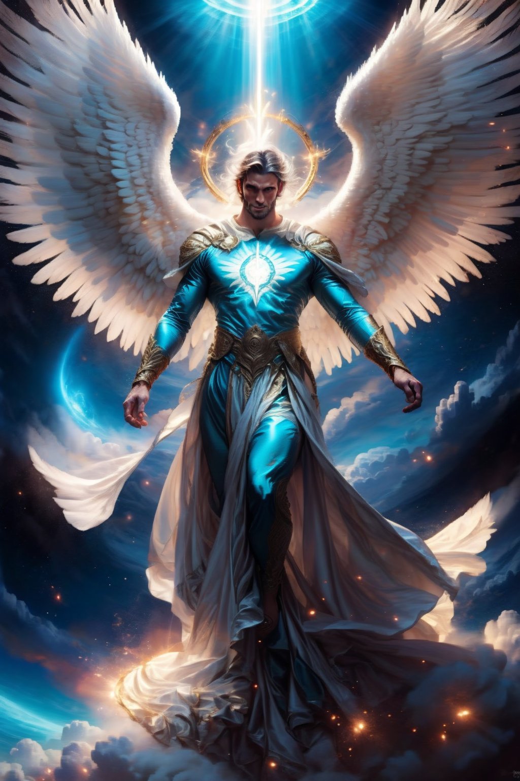 Handsome man with angel wings, Halo in his back head, white big wings, flowing clothes, floating in the air, angel wings detail,


Fantasy detailers, dynamic poses, movement poses.





