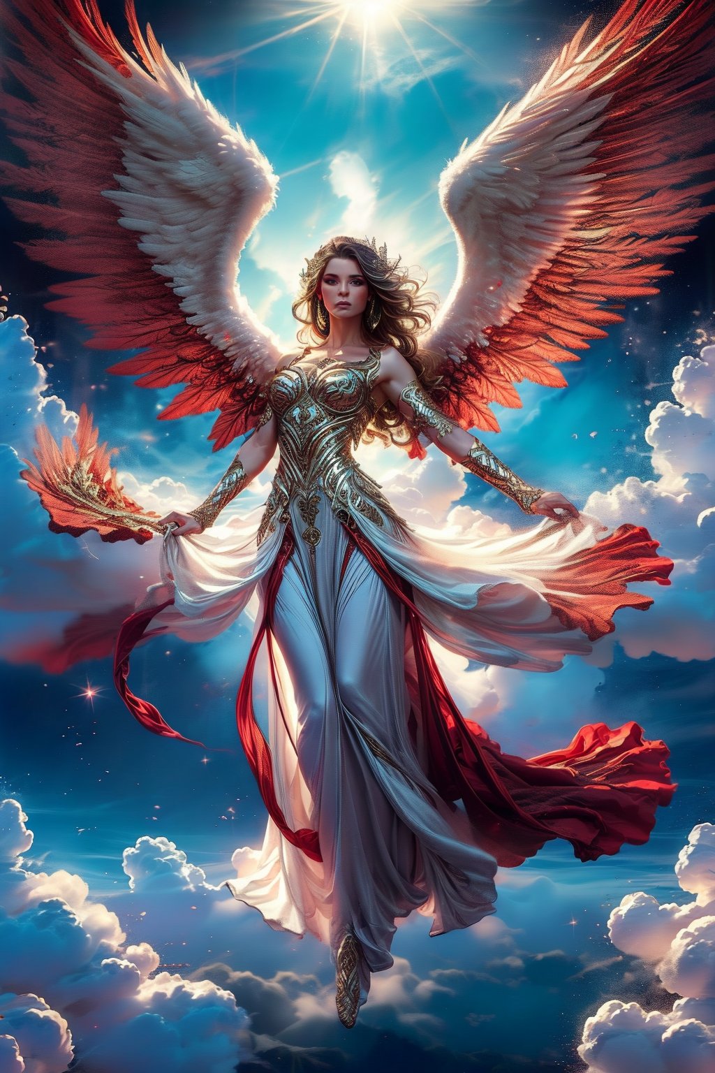 Portrait of Beautiful woman with black wings, floating in the cloud, wearing red flowing dress, angel wings detail,


Fantasy detailers, dynamic poses, movement poses.





