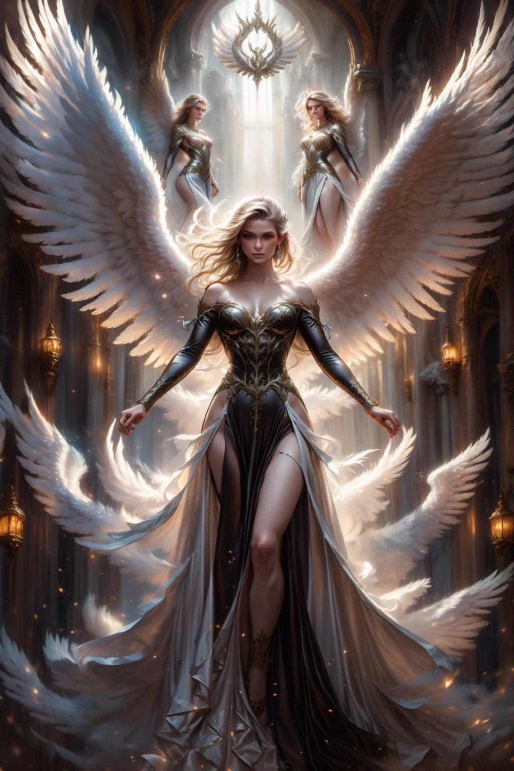 Portrait of woman, half body portrait, angel wings, in the chamber, ((wearing black dress)), angel wings detail,


Fantasy detailers, dynamic poses, movement poses.





