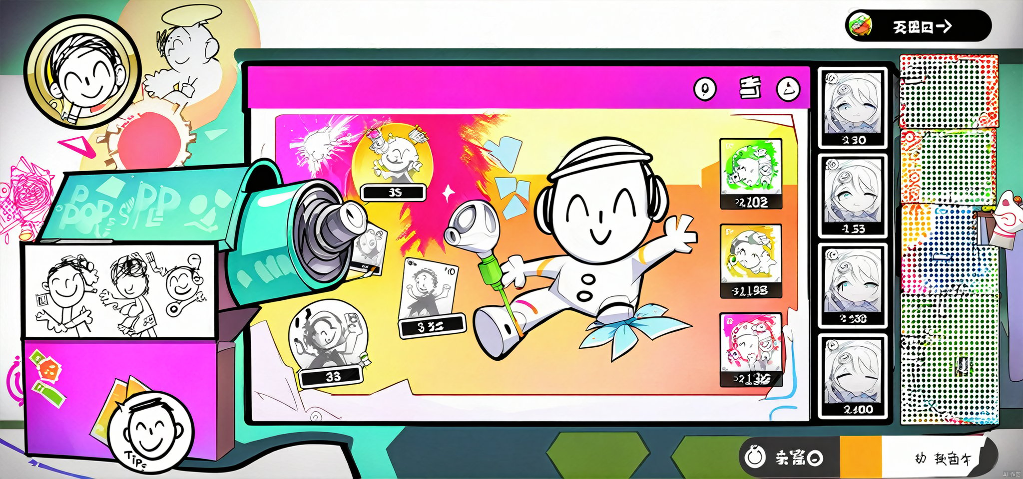 The game interface. The central frame is designed as an irregular pattern of spray paint cans, with sputtered paint effects on the edges. The current doodle task and creation tool are displayed in the pop-up box. On the left are the player's doodle portfolio and score, and on the right are the doodle challenges and reward tips to be completed. There is a "Start Doodling" button below, and when clicked, the pop-up box will play a doodle animation, showing the character's creation process on the wall