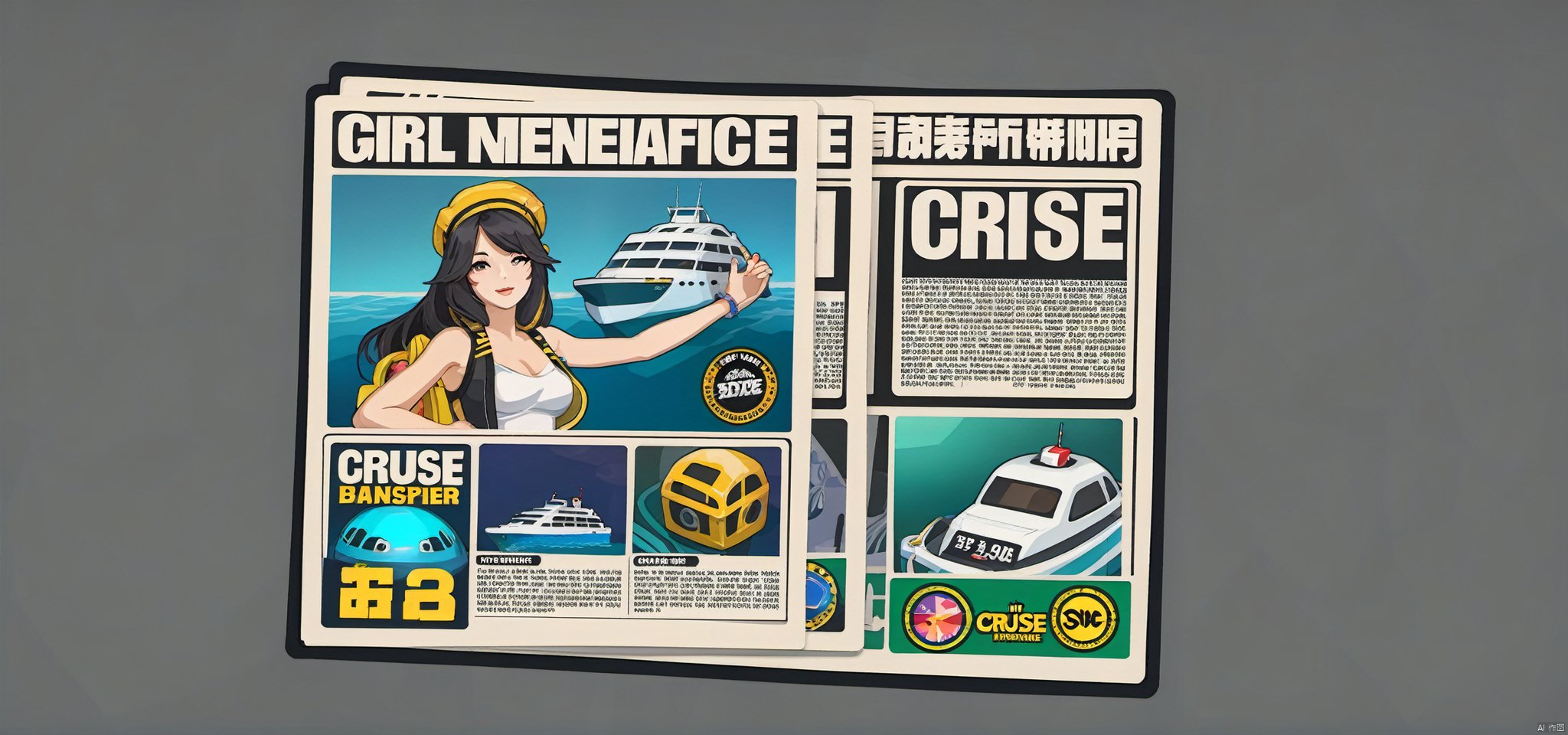 The game interface. Girl with cruise newspaper