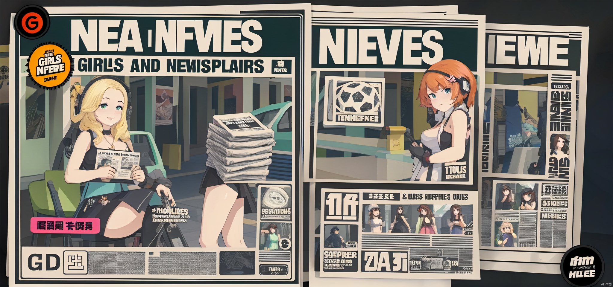 The game interface. Girls and newspapers