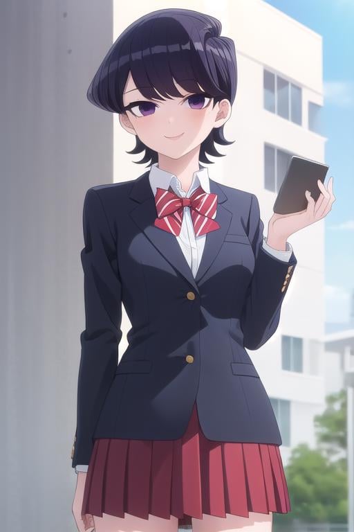 ((masterpiece)),(best quality),official art,extremely delicate and beautiful,extremely detailed CG,unity 8k wallpaper,ultra detailed,beautiful detailed eyes,extremely detailed face,outdoors,1girl,solo,cowboy shot,looking at viewer,facing viewer,smile,Komi Shuuko,mature female,short hair,black hair,shiny hair,swept bangs,purple eyes,school uniform,blue jacket,blazer,collared shirt,white shirt,red bowtie,striped bowtie,diagonal-striped bow,medium breasts,skindentation,long sleeves,red skirt,pleated skirt,striped skirt,black socks,loafers,<lora:Komi Shuuko(kcc):1.4>,