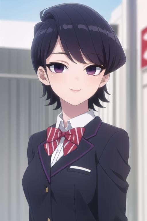 ((masterpiece)),(best quality),official art,extremely delicate and beautiful,extremely detailed CG,unity 8k wallpaper,ultra detailed,beautiful detailed eyes,extremely detailed face,outdoors,1girl,solo,upper body,(portrait:1.5),looking at viewer,facing viewer,smile,Komi Shuuko,mature female,short hair,black hair,shiny hair,swept bangs,purple eyes,school uniform,blue jacket,blazer,collared shirt,white shirt,red bowtie,striped bowtie,diagonal-striped bow,medium breasts,skindentation,long sleeves,red skirt,pleated skirt,striped skirt,black socks,loafers,<lora:Komi Shuuko(kcc):1.3>,