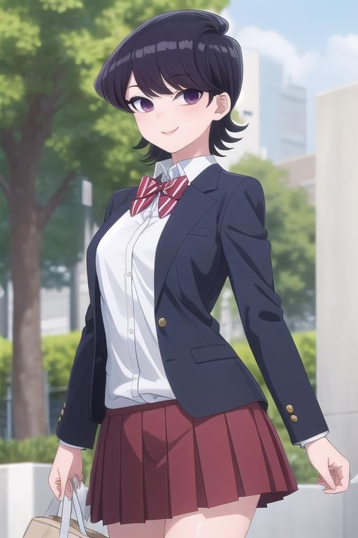 ((masterpiece)),(best quality),official art,extremely delicate and beautiful,extremely detailed CG,unity 8k wallpaper,ultra detailed,beautiful detailed eyes,extremely detailed face,outdoors,1girl,solo,cowboy shot,looking at viewer,facing viewer,smile,Komi Shuuko,mature female,short hair,black hair,shiny hair,swept bangs,purple eyes,school uniform,blue jacket,blazer,collared shirt,white shirt,red bowtie,striped bowtie,diagonal-striped bow,medium breasts,skindentation,long sleeves,red skirt,pleated skirt,striped skirt,black socks,loafers,<lora:Komi Shuuko(kcc):1.3>,