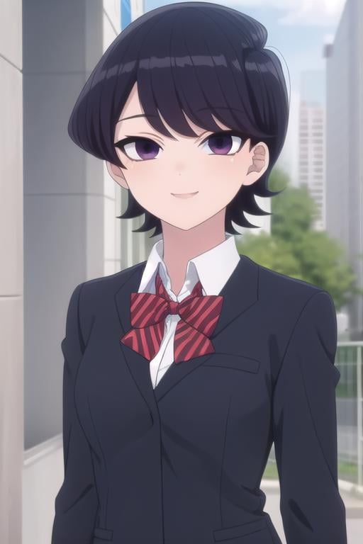 ((masterpiece)),(best quality),official art,extremely delicate and beautiful,extremely detailed CG,unity 8k wallpaper,ultra detailed,beautiful detailed eyes,extremely detailed face,outdoors,1girl,solo,upper body,(portrait:1.5),looking at viewer,facing viewer,smile,Komi Shuuko,mature female,short hair,black hair,shiny hair,swept bangs,purple eyes,school uniform,blue jacket,blazer,collared shirt,white shirt,red bowtie,striped bowtie,diagonal-striped bow,medium breasts,skindentation,long sleeves,red skirt,pleated skirt,striped skirt,black socks,loafers,<lora:Komi Shuuko(kcc):1.3>,