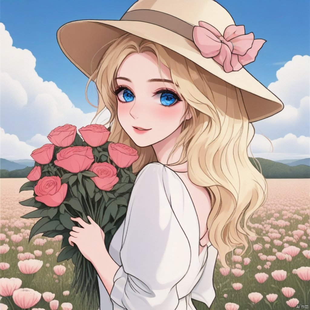 best quality,masterpiece,1 girl,standing,flowers,field,looking at viewer,the girl wearing sun hat,blonde hair,blue eyes,expressionless,blush,the girl,wearing white dress,holding bouquet,flowers,outdoors,rose,flower,sky,cloud,depth of field,small nose,Slightly_open_mouth,