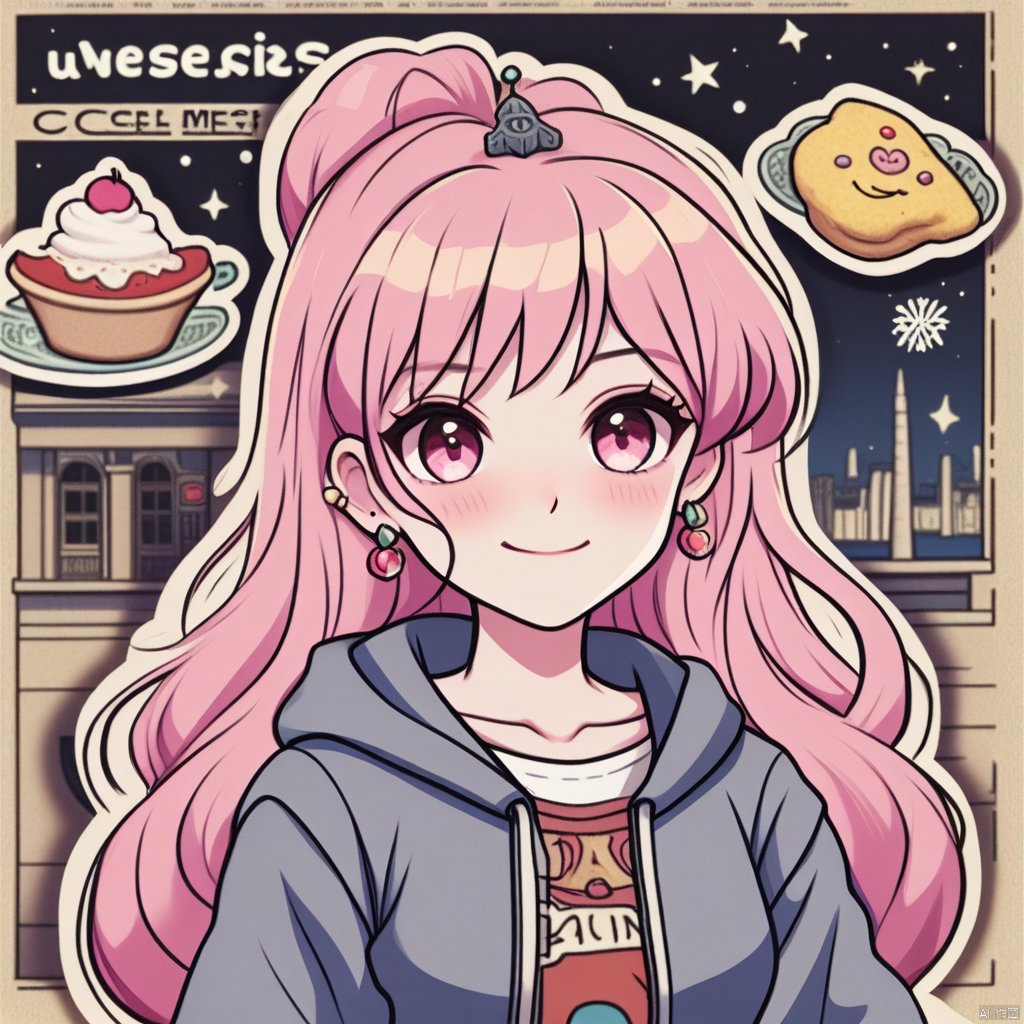 (masterpiece:1.2),Highest quality,PIXIV,Rebellious girl,One girl,Open your mouth,sharp,sharp,teeth,Long Hair,Street background,gem,badge,Bad,Food,Pink Eyes,Earrings,Jack,et eyelash,Food Characters,star (symbol colzel),in color,Stickers,upper clothes hoodie,smile,spike,Focus on the viewer,Changyi tongue,Chest in the center,Shoulder Bare,Belly button,Colorful hair colors,leaning forward,Cyberpunk city,Night view,