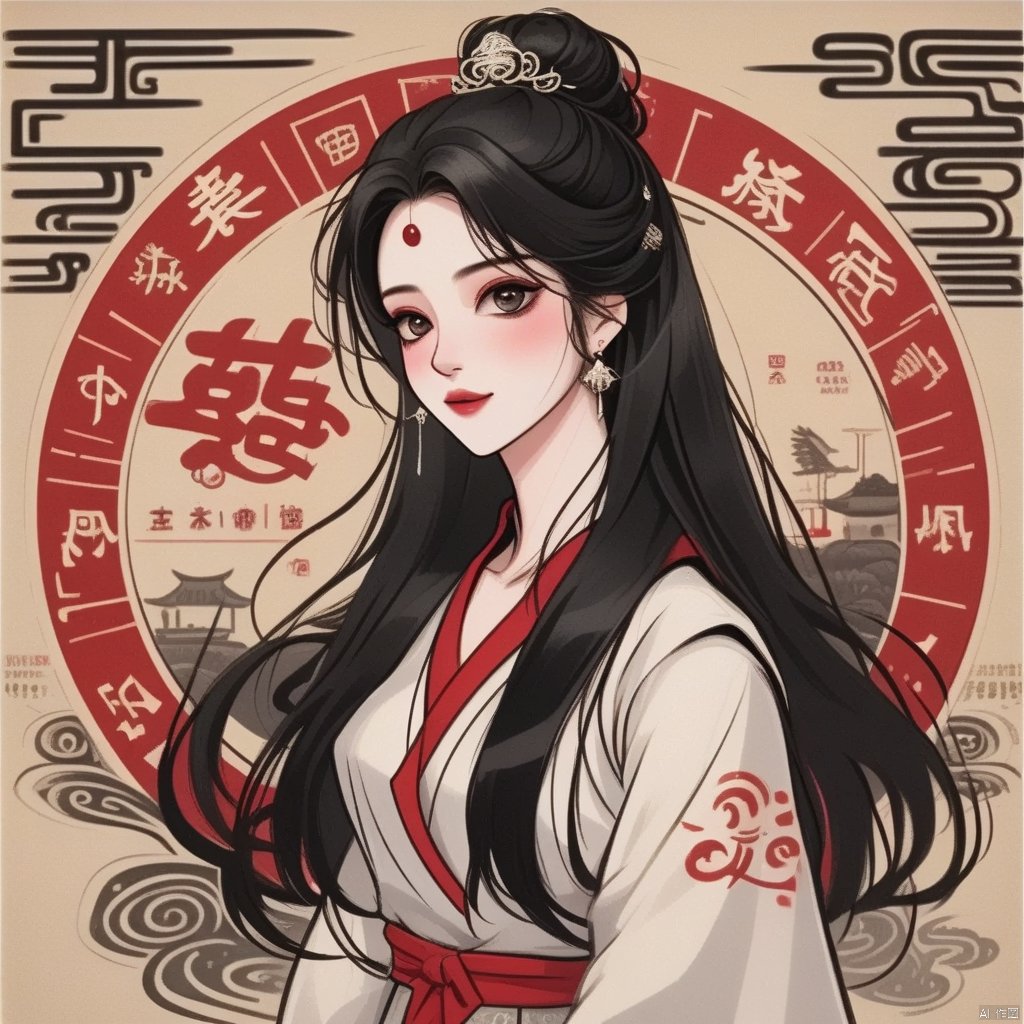 (masterpiece),best,8k wallpapers,illustrations,full body,beautiful eyes,facial contours,beauty,
Long black hair,(the background is round Chinese elements, red Chinese elements, ancient Chinese costumes, Phoenix, Zen, Realm, Tao, Fantastic),