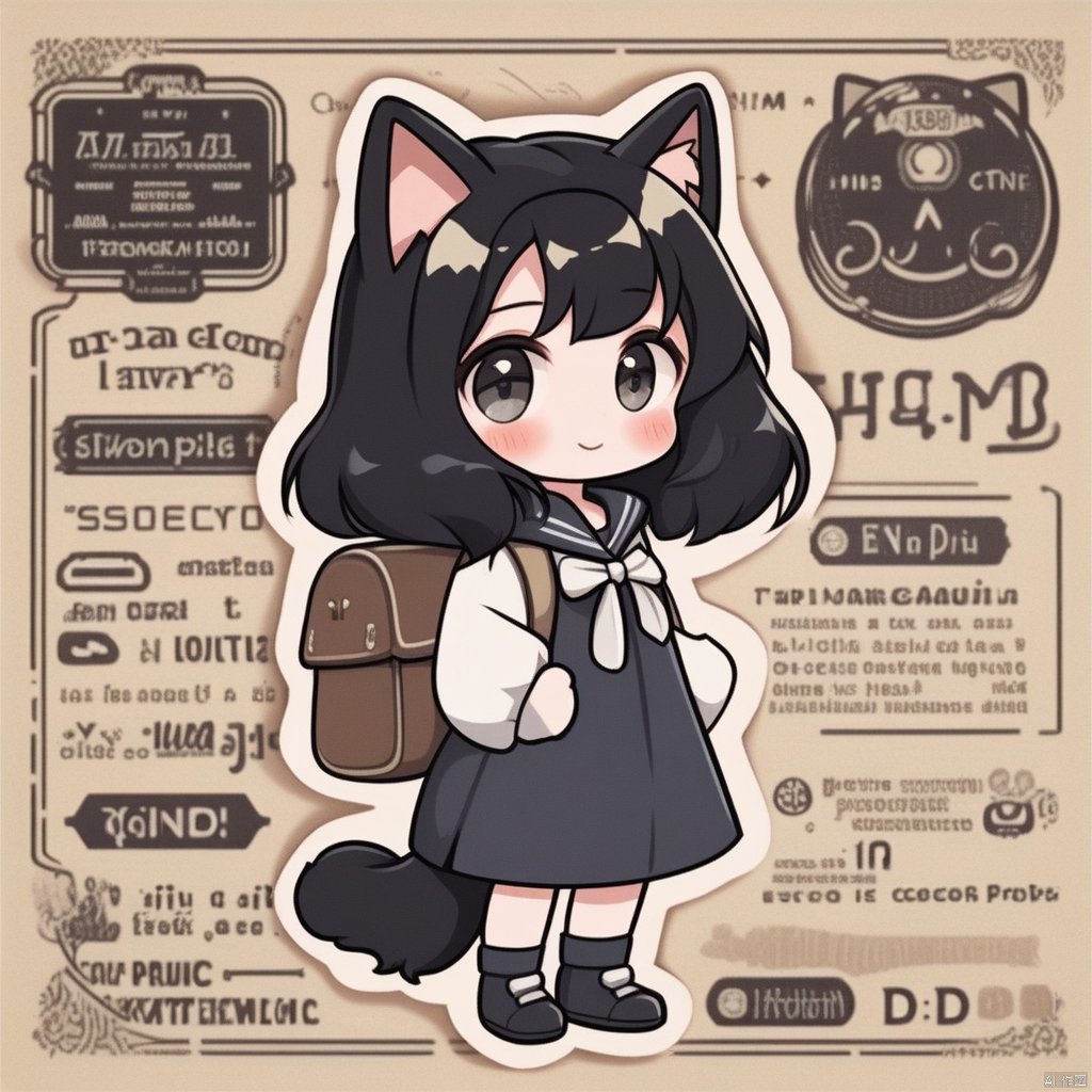 (solo:1.3),yuan_doodlestyle,1girl,bag,black hair,cat,backpack,animal ears,hair ornament,standing,full body,chibi,hood,doodle in the background,anime style,ultra detailed,official art,unity 8k wallpaper,,yuan_doodlestyle,