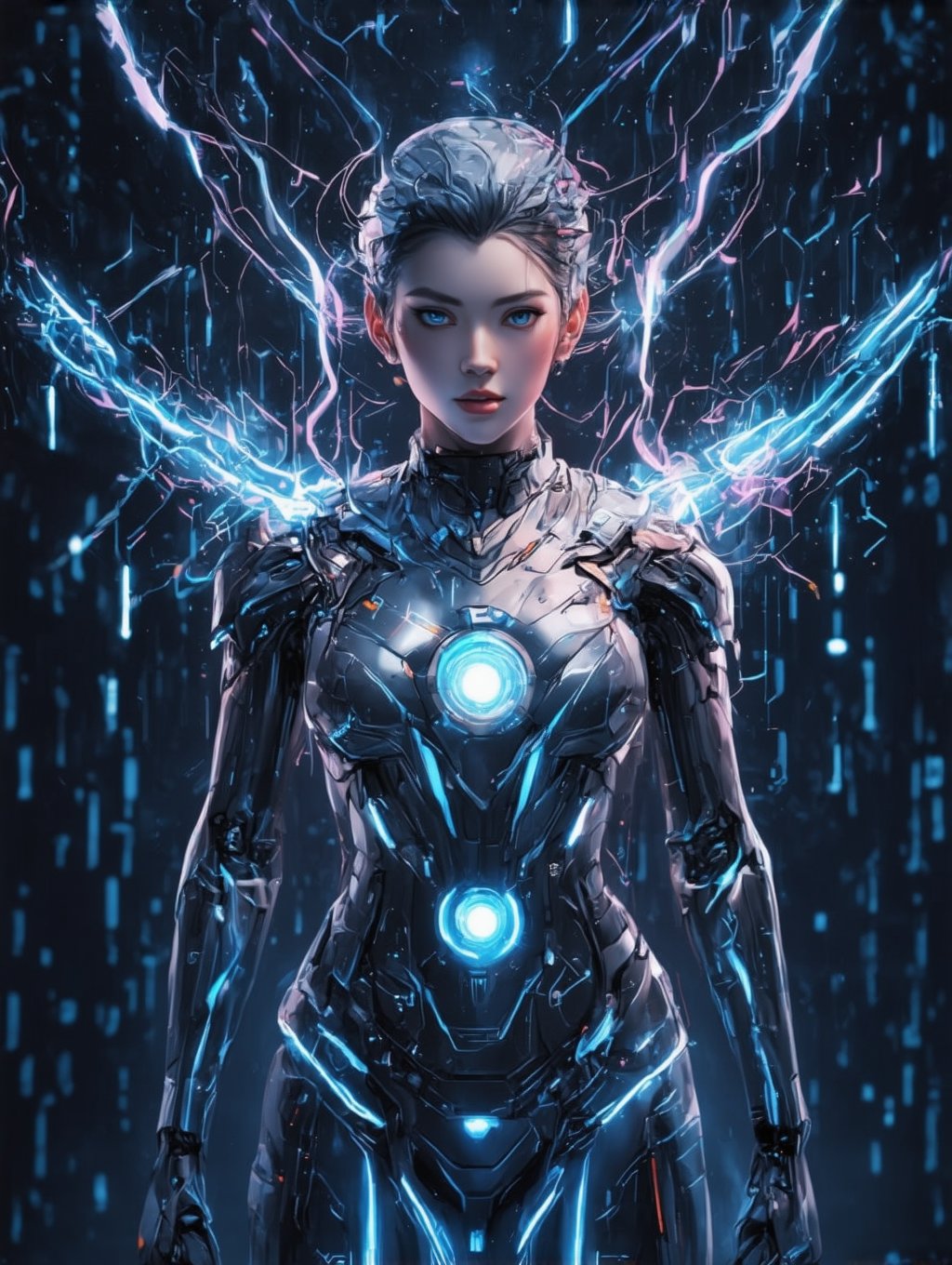 A dazzling digital deity, their virtual form exudes an aura of overwhelming charisma, with intricate circuits glowing like celestial constellations against a backdrop of shimmering binary code. This concept art is a digitally rendered painting, showcasing the mind upload of a mesmerizing character in a futuristic video game. The luminous figure is depicted with an ethereal quality that captures the essence of their transcendent existence, making it a visually striking and high-quality image that immerses viewers in the world of the game.