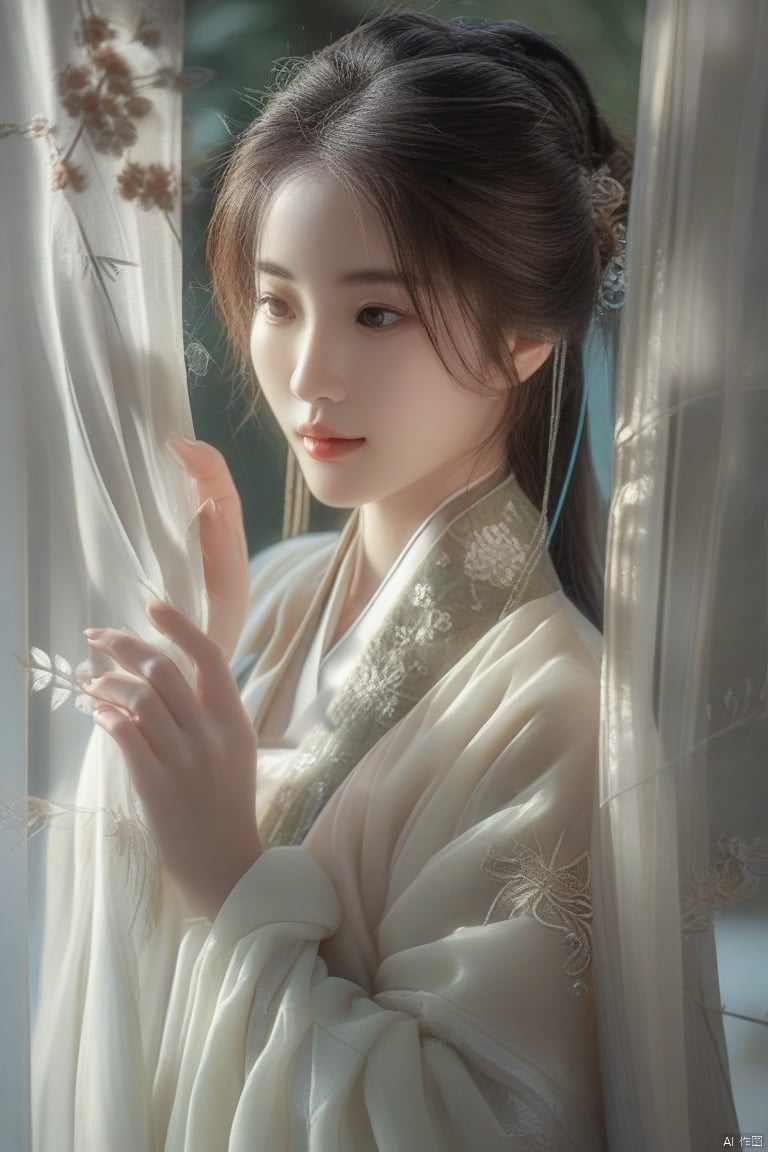 RAW photo, asian woman peeking from behind sheer  curtains,hanfu, colorful details, award winning, high detailed, 8k, natural lighting, analog film, detailed skin, amazing composition, intricate details, subsurface scattering, velus hairs, amazing textures, filmic, chiaroscuro, soft light, 