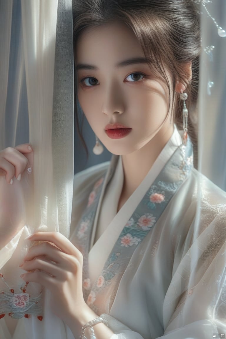 RAW photo, asian woman peeking from behind sheer  curtains,hanfu, colorful details, award winning, high detailed, 8k, natural lighting, analog film, detailed skin, amazing composition, intricate details, subsurface scattering, velus hairs, amazing textures, filmic, chiaroscuro, soft light, 