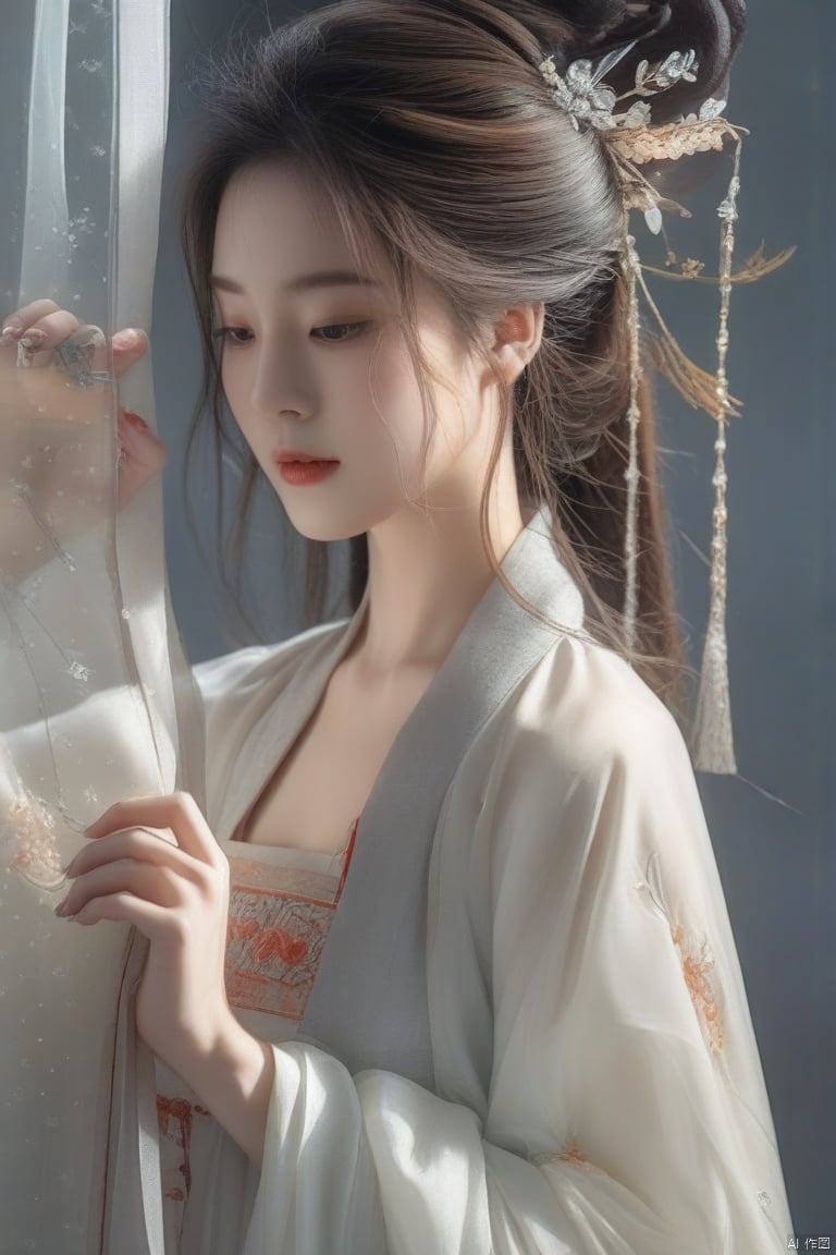 RAW photo, asian woman peeking from behind sheer  curtains,hanfu, colorful details, award winning, high detailed, 8k, natural lighting, analog film, detailed skin, amazing composition, intricate details, subsurface scattering, velus hairs, amazing textures, filmic, chiaroscuro, soft light, 