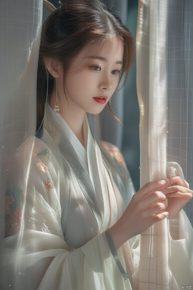 RAW photo, asian woman peeking from behind sheer  curtains,hanfu, colorful details, award winning, high detailed, 8k, natural lighting, analog film, detailed skin, amazing composition, intricate details, subsurface scattering, velus hairs, amazing textures, filmic, chiaroscuro, soft light, 