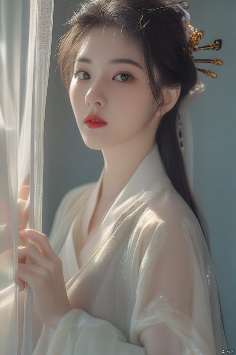 RAW photo, asian woman peeking from behind sheer  curtains,hanfu, colorful details, award winning, high detailed, 8k, natural lighting, analog film, detailed skin, amazing composition, intricate details, subsurface scattering, velus hairs, amazing textures, filmic, chiaroscuro, soft light, 