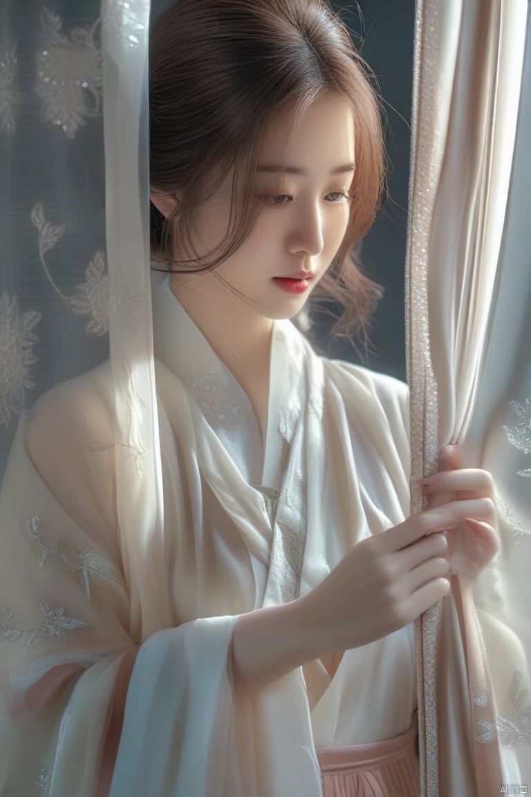 RAW photo, asian woman peeking from behind sheer  curtains,hanfu, colorful details, award winning, high detailed, 8k, natural lighting, analog film, detailed skin, amazing composition, intricate details, subsurface scattering, velus hairs, amazing textures, filmic, chiaroscuro, soft light, 