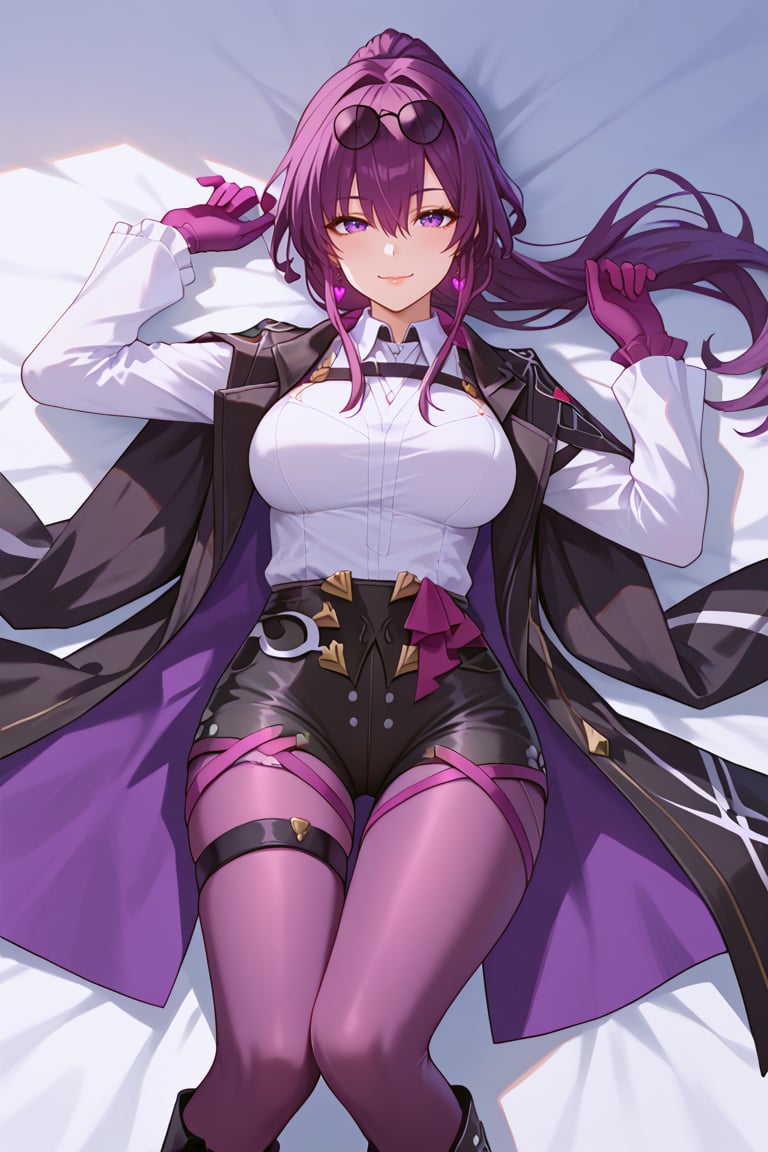 masterpiece,score_9,score_8,source_anime, KafkaBren, 1girl, shirt, white shirt, purple hair, gloves, purple eyes, long sleeves, eyewear on head, jacket, sunglasses, long hair, mature female, pantyhose, purple pantyhose, shorts, purple gloves, boots, black jacket, thigh strap, collared shirt, black footwear, black shorts, hair between eyes, ponytail, lips, jewelry, coat, jacket on shoulders, earrings, seduce, smug, both_eyes_closed, single boot, high knee boots, knee boots, laying