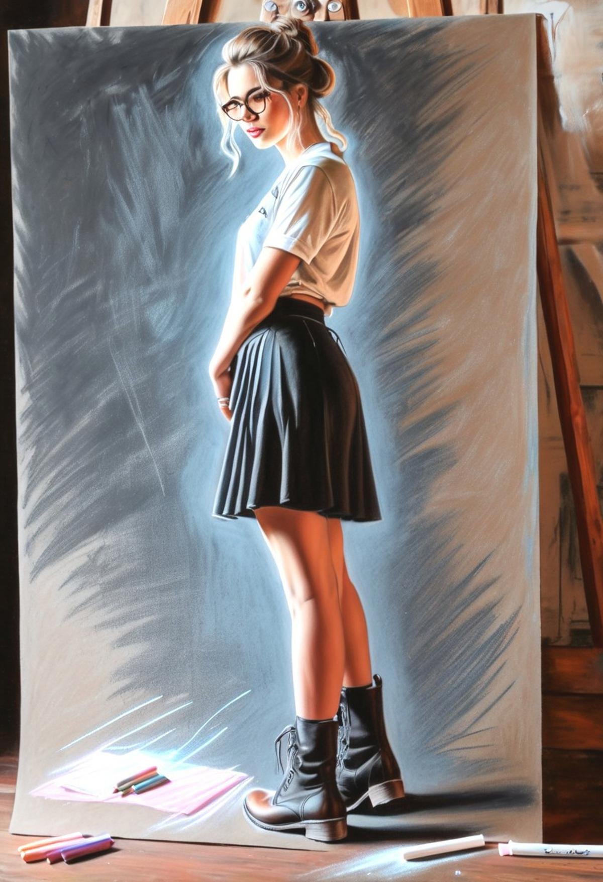 #Pastel, #dry chalk drawing, #crayons on paper, #chalk shading, chalk drawing, #tinted paper, #crayon drawing, colorful, sketch, serene scene, (((#white chalk drawing))), tinted black paper, standing, contrapposto, woman, glasses, skirt, boots, T-shirt, bokeh (dark light), inspiration, art by Andrey Atroshenko,