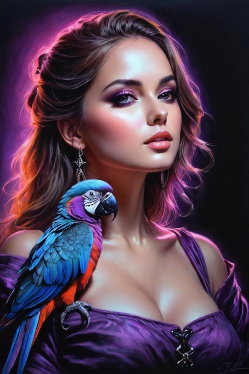 #Pastel, #drawing with dry crayons, crayons on paper,colorful, sketch, chiaroscuro, Sketch, In the middle of a moonlit night, a beautiful female pirate poses with confidence. As she stands silhouetted against a black background, the glowing parrot with a shimmering pastel purple tone sits gracefully on her shoulder, emitting a soothing glow. art by Andrey Atroshenko, #shading with chalk, drawing with chalk, #tinted paper, drawing with colored chalk,Leonardo Style<lora:EMS-14860-EMS:0.800000>