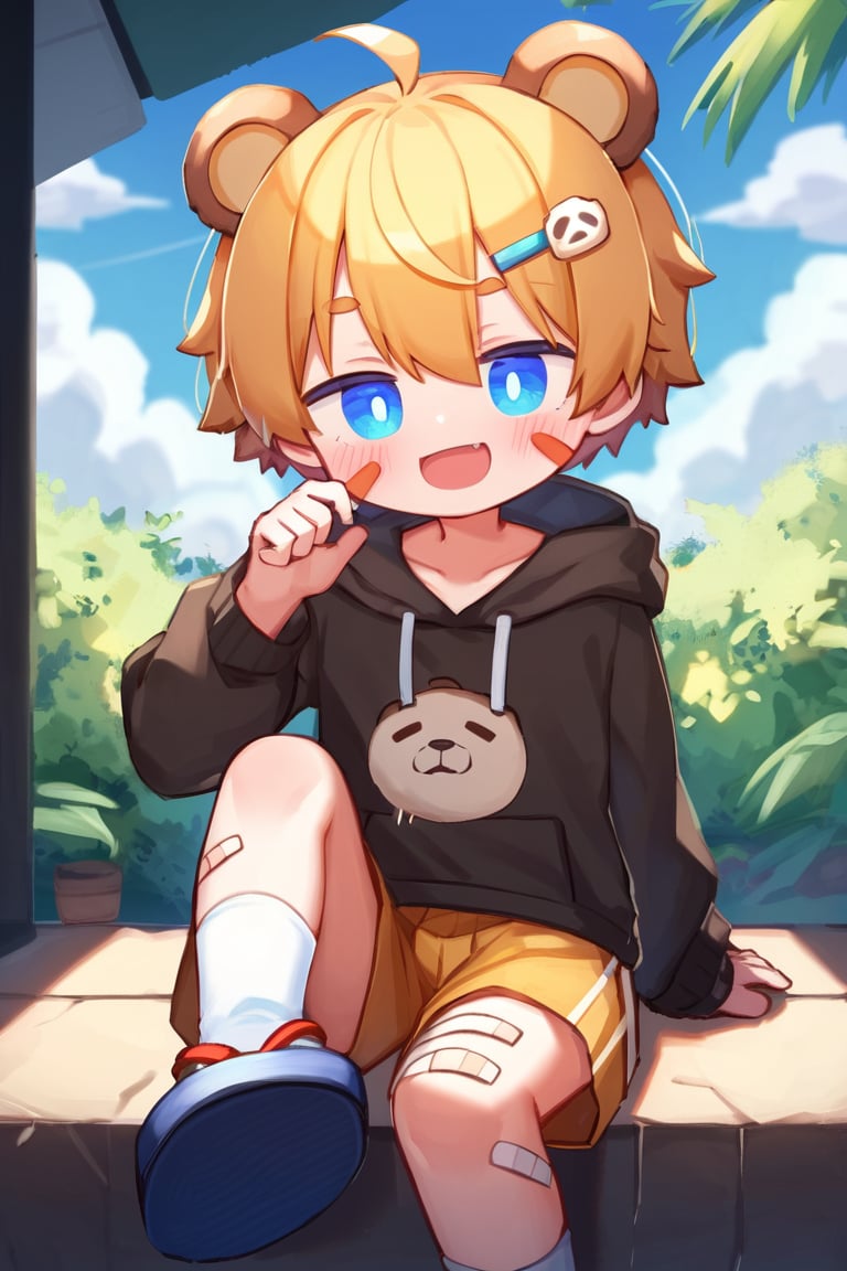 solo,male_child,BREAK,
vup-qqx,vup-qqx face,hair,hair_ornament,bear_ears,hoodie,shorts,bandaid,bandaid on body,socks,sandals,bell on ankle,BREAK,
(prefect_feets,prefect_hands,prefect_eyes:1.05),
sitting,head tilt,happy,BREAK,
score_9,score_8_up,score_7_up,score_6_up,score_5_up,source_anime,