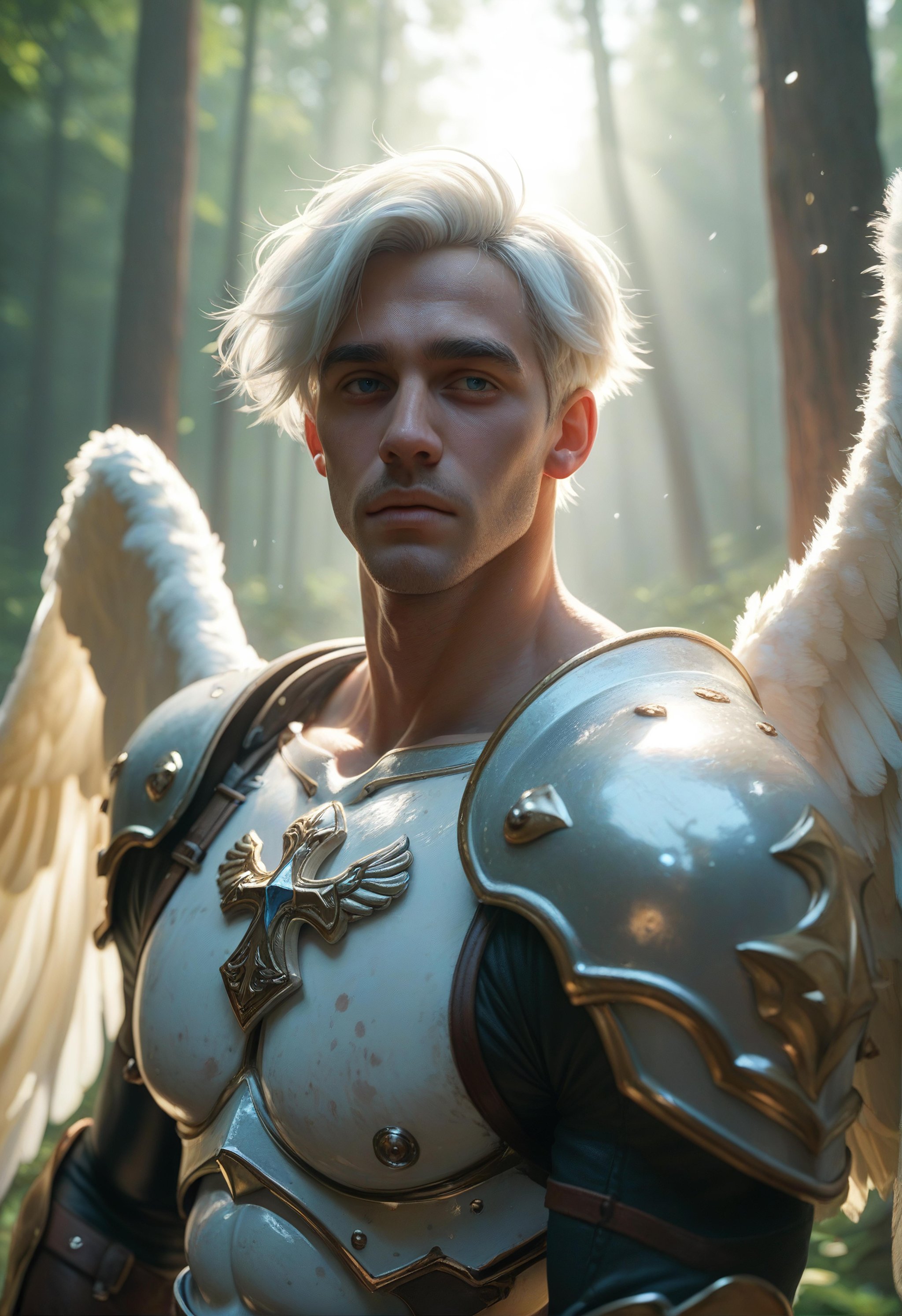 score_9, score_8_up, score_7_up, score_6_up, 1boy, angel,beautiful, white hair, short hair, fair skin, big pecs, leather armor, sword, forest, dappled sunlight, upper body, looking at viewer, fucked silly from behind, big dig