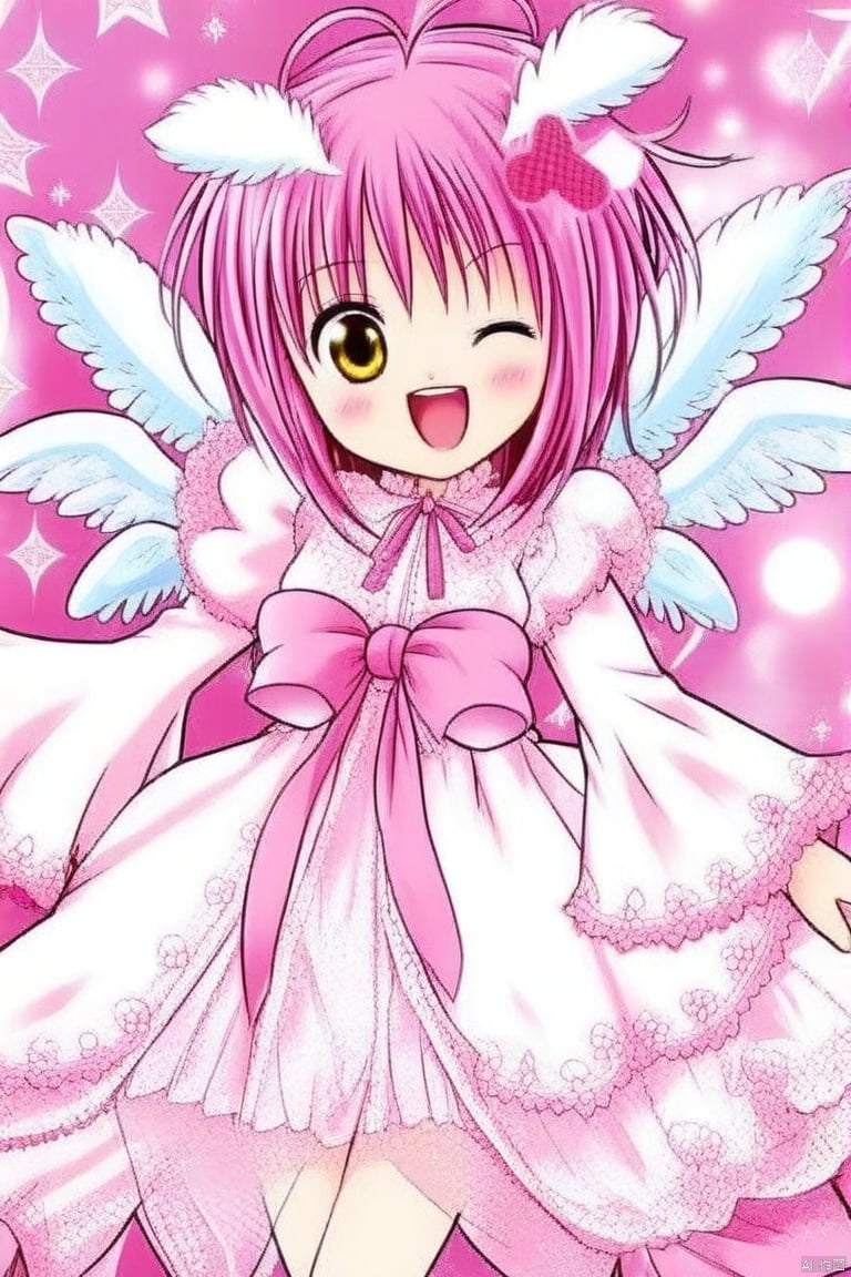 1girl,solo,smile,short hair,open mouth,long sleeves,dress,bow,ribbon,yellow eyes,pink hair,frills,one eye closed,wings,pink bow,head wings