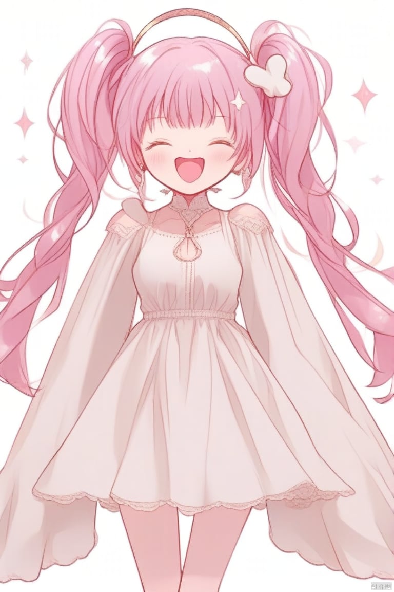 1girl,solo,looking at viewer,blush,smile,open mouth,bangs,simple background,hair ornament,long sleeves,white background,dress,twintails,yellow eyes,pink hair,hairband,frills,one eye closed,teeth,wide sleeves,white dress,sparkle,frilled sleeves,cropped legs