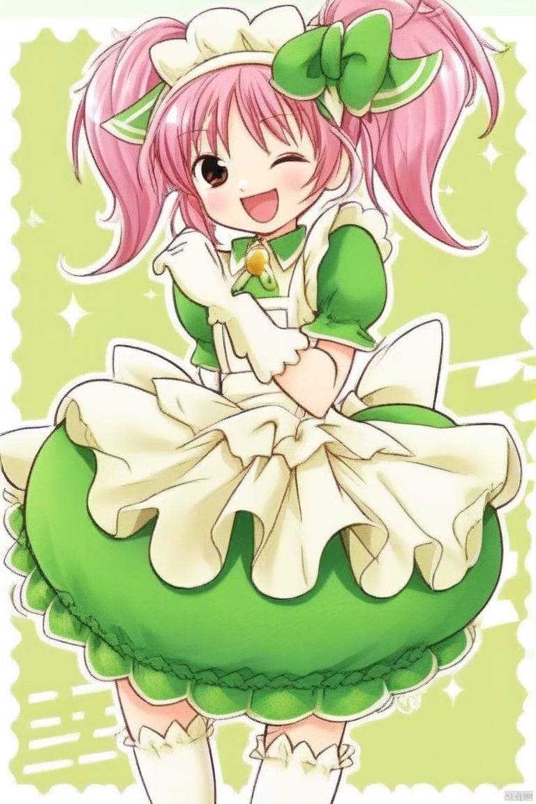 1girl,solo,blush,smile,open mouth,thighhighs,gloves,twintails,brown eyes,pink hair,one eye closed,maid