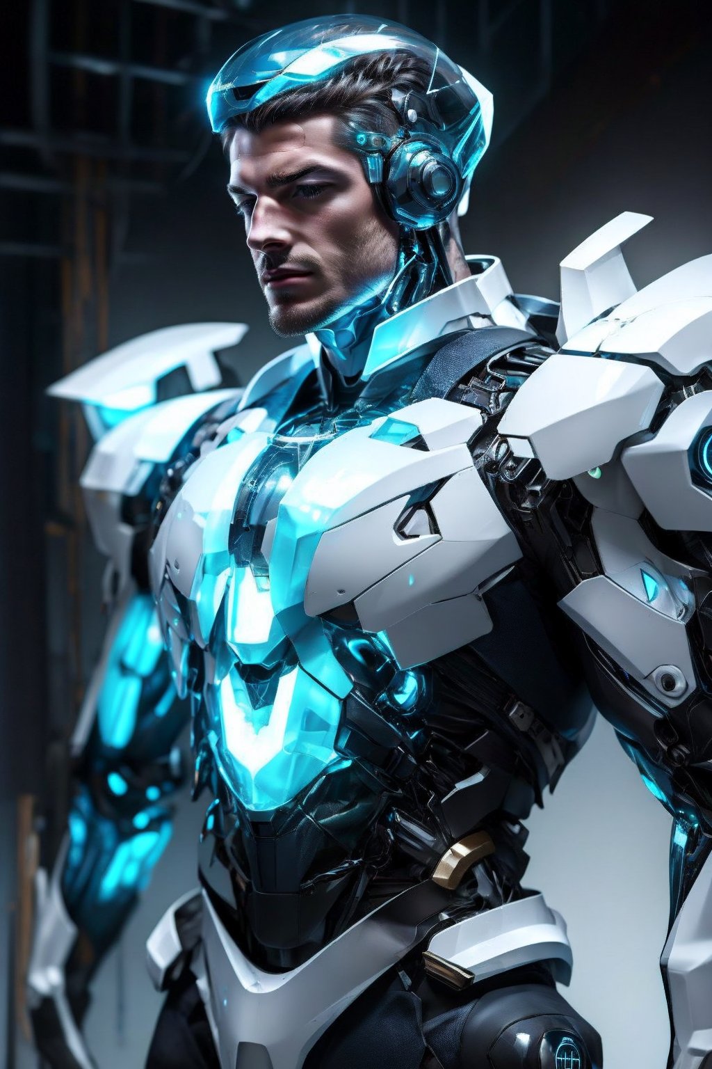 A portrait handsome man with robot body, portrait, half body, wearing transparent helmet Until you can see part of his face, his chest transparent,Cyborg detailers,Fantasy detailers,Dynamic poses,Movement poses 