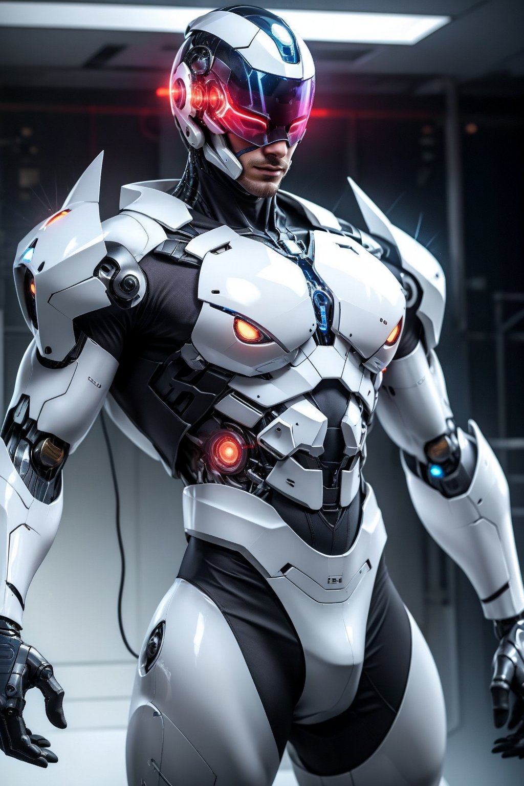 handsome man with robot body, wearing transparent helmet Until you can see part of his face, his chest transparent,Cyborg detailers,Fantasy detailers,Dynamic poses,Movement poses 