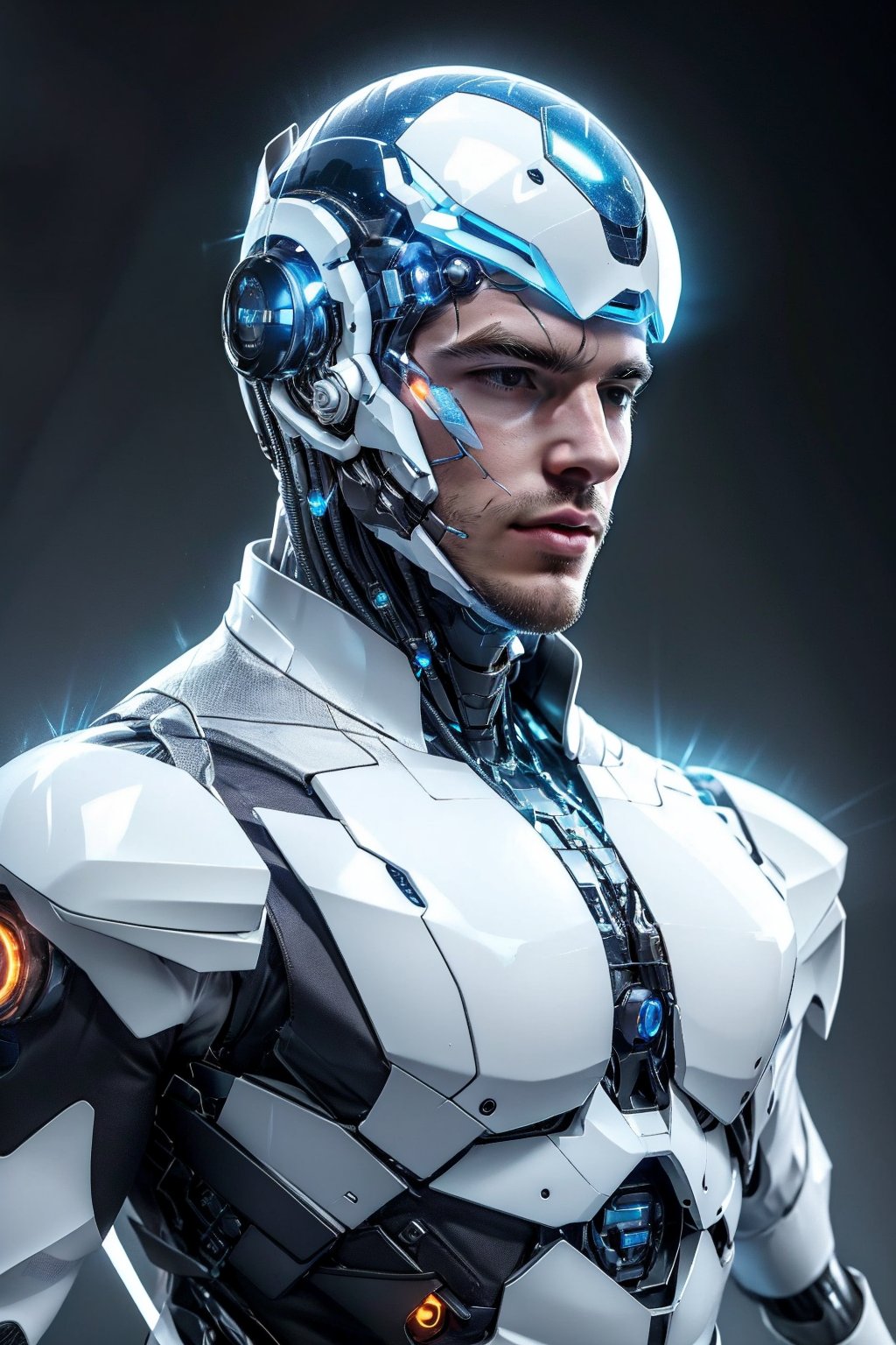 A portrait handsome man with robot body, portrait, half body, wearing transparent helmet Until you can see part of his face, his chest transparent,Cyborg detailers 