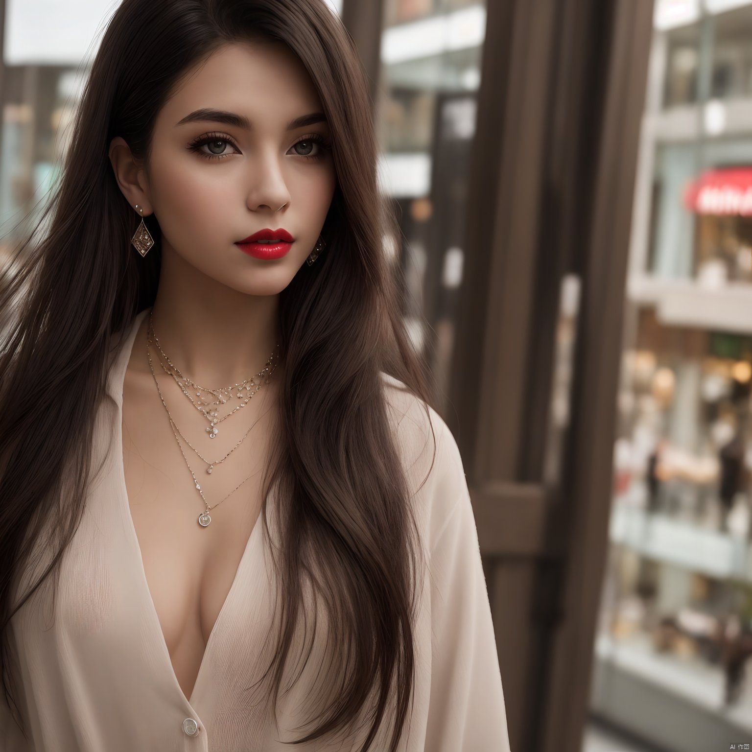 solo,1girl,beauty face, (solo:1.5), long hair, looking at viewer,Shopping mall background, black hair, brown eyes, jewelry, upper body, earrings, red lips,necklace, lips, messy hair, realistic,1 girl