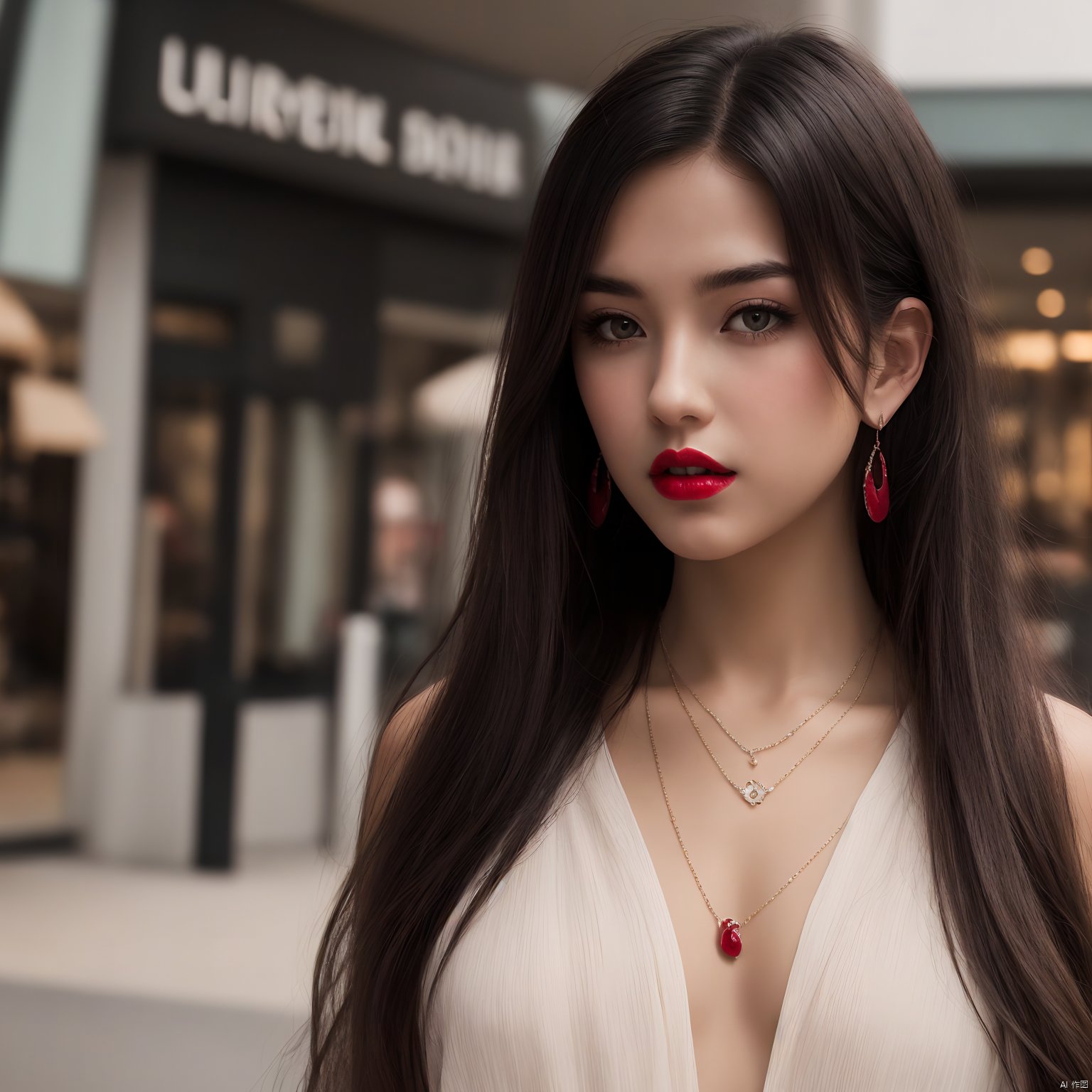 solo,1girl,beauty face, (solo:1.5), long hair, looking at viewer,Shopping mall background, black hair, brown eyes, jewelry, upper body, earrings, red lips,necklace, lips, messy hair, realistic,1 girl