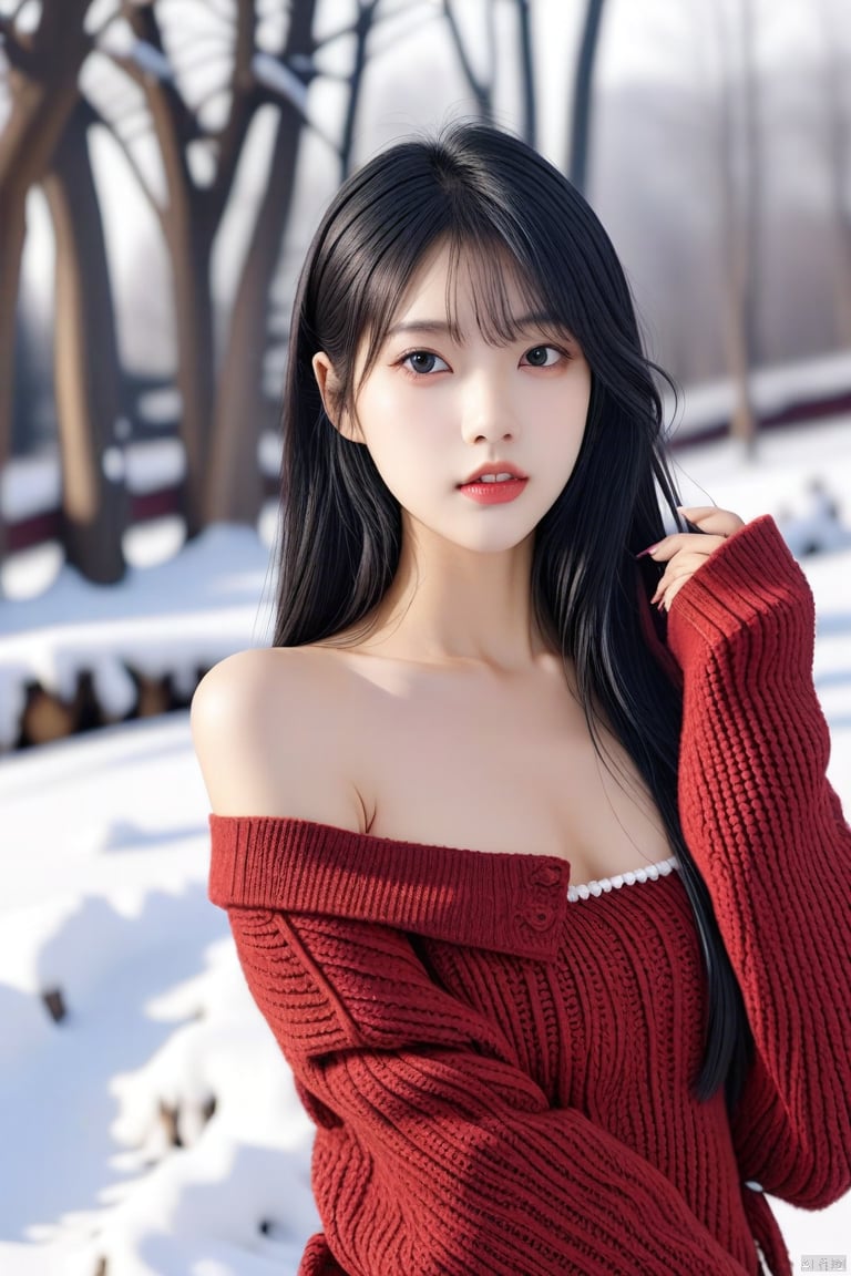 Masterpiece, of the best quality, stunning details, realistic, 1girl, idol, black flowing long hair, fair skin, off shoulder sweater, outdoors, (heavy snow), upper body,