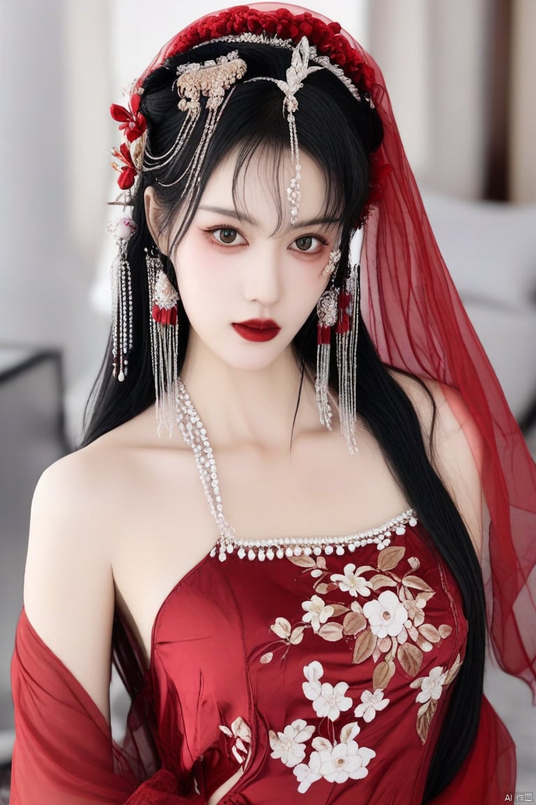 1girl, solo, long hair, looking at viewer, black hair, hair ornament, red eyes, dress, jewelry, upper body, flower, earrings, necklace, facial mark, chinese clothes, red dress, veil, forehead mark, red lips, red theme, hanfu,纱衣,realistic