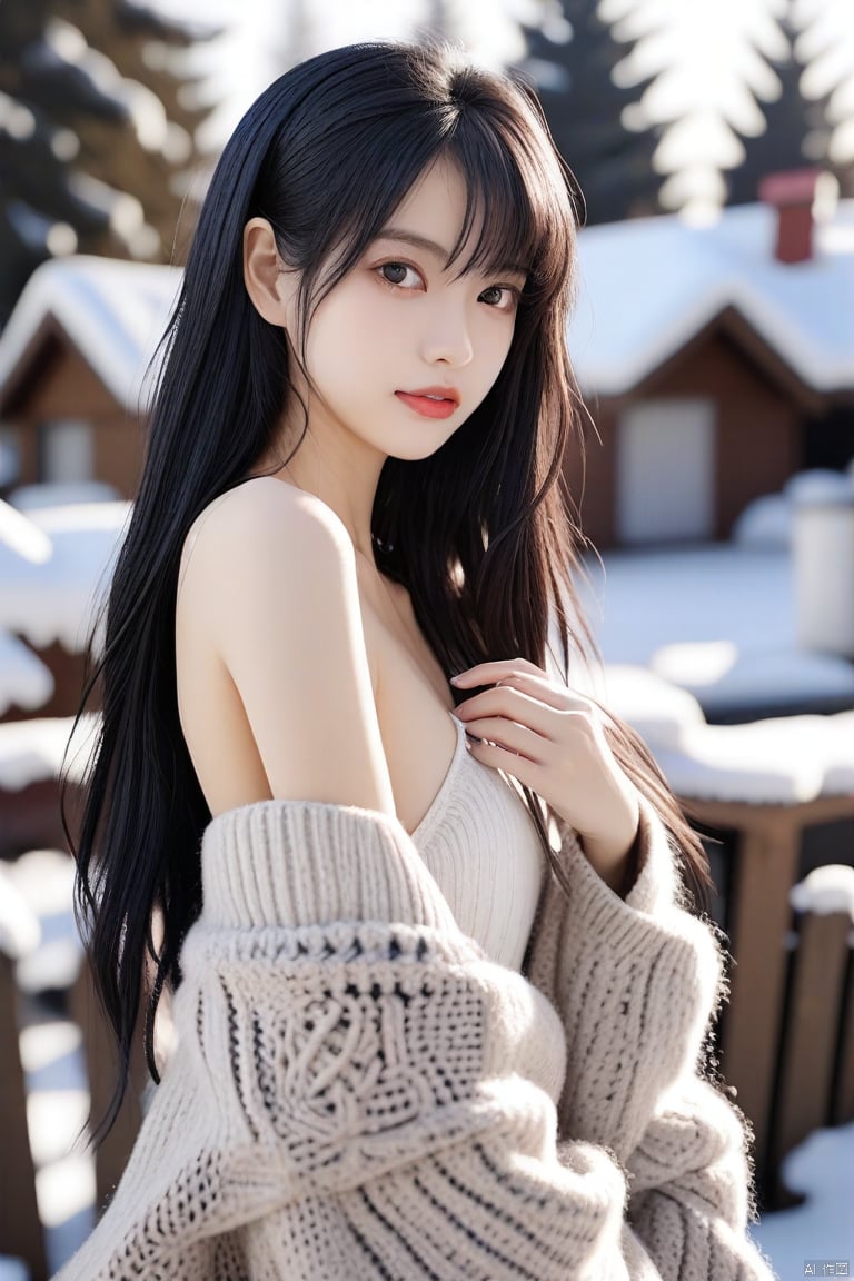 Masterpiece, of the best quality, stunning details, realistic, 1girl, idol, black flowing long hair, fair skin, off shoulder sweater, outdoors, (heavy snow), upper body,