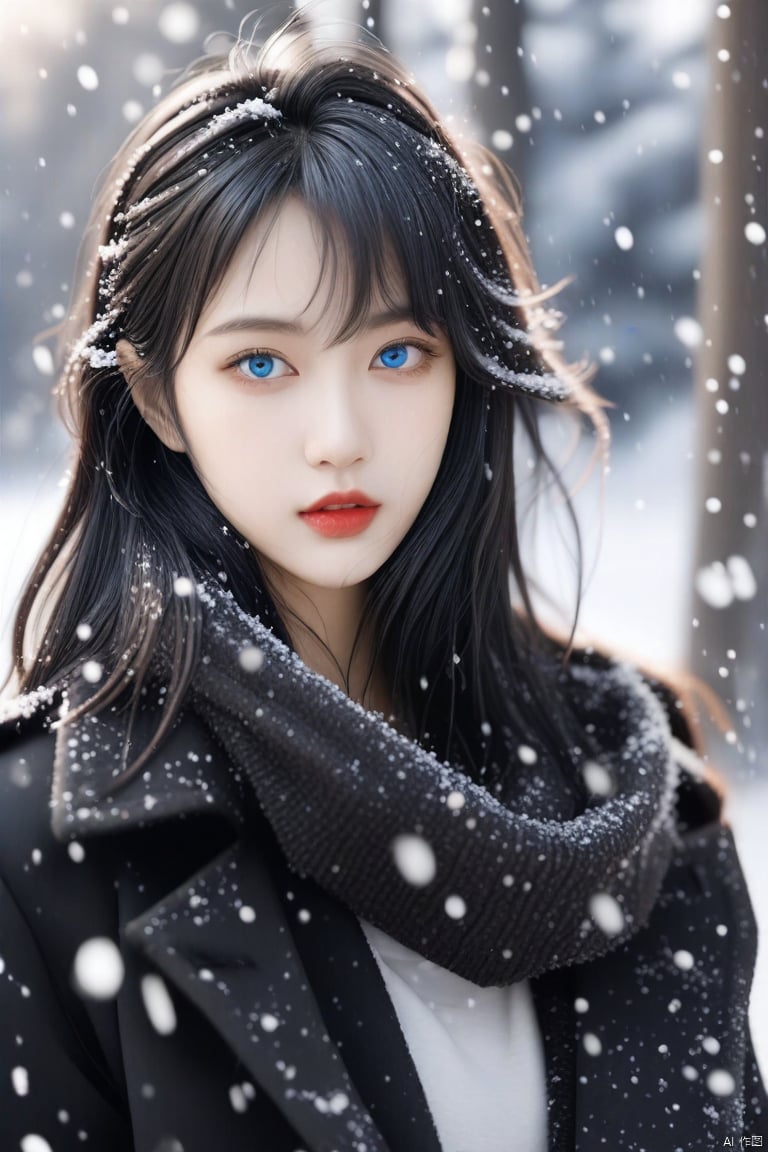 1girl, solo, black hair, looking at viewer, outdoors, blurry, snow, messy hair, parted lips, realistic, coat, blurry background, long hair, wind, lips, upper body, blue eyes, snowing, day, from side, black coat, depth of field,