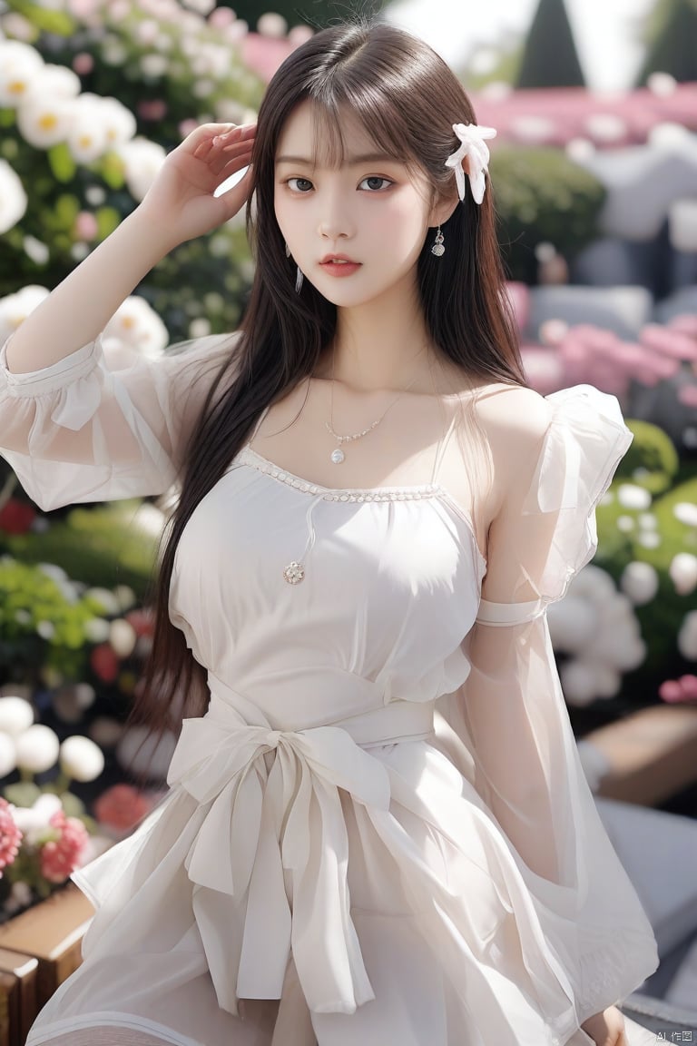 (8K, RAW photos, best quality, masterpiece:1.2), (Practical, photo-Practical:1.37), Professional lighting, Photon Mapping, Radiosity, Korean Doll, garden, white summer clothes
