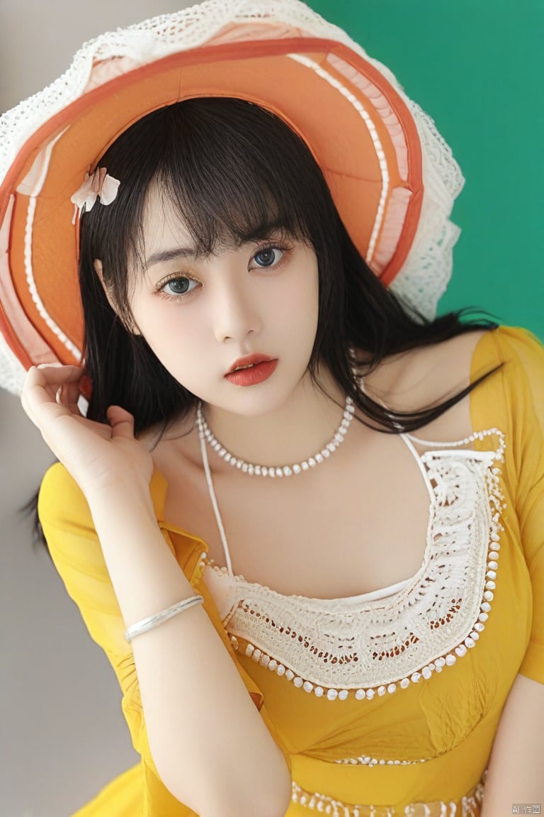 1girl,asians,a young woman dressed in a vibrant yellow,knee-length dress with white lace detailing. She wears a matching hat adorned with white lace and orange trim. Her gaze is directed forward,and she has a calm expression. The backdrop is a gradient of light green and yellow,giving a serene ambiance to the photograph,good hand,perfect hand,close-up