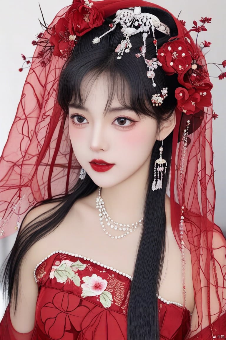 1girl, solo, long hair, looking at viewer, black hair, hair ornament, red eyes, dress, jewelry, upper body, flower, earrings, necklace, facial mark, chinese clothes, red dress, veil, forehead mark, red lips, red theme, hanfu,纱衣